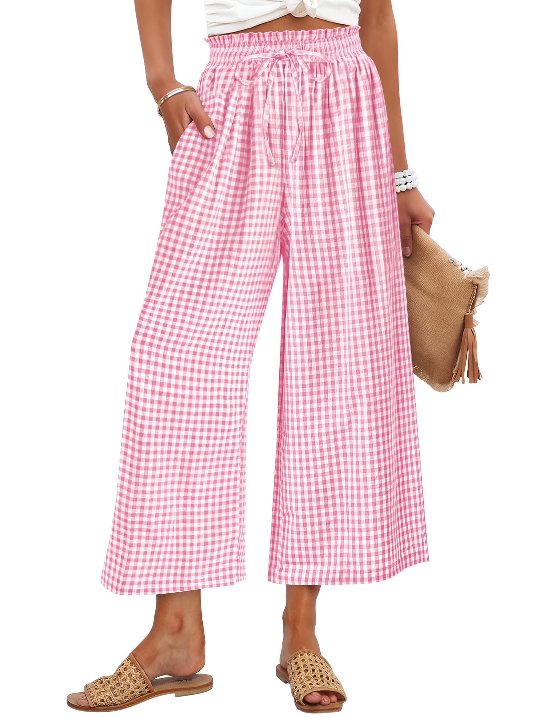 ANRABESS Womens Striped Gingham Palazzo Capri Pants Pajama Wide Leg Lounge Trousers Plaid Cute Crop PJ Bottoms with Pockets