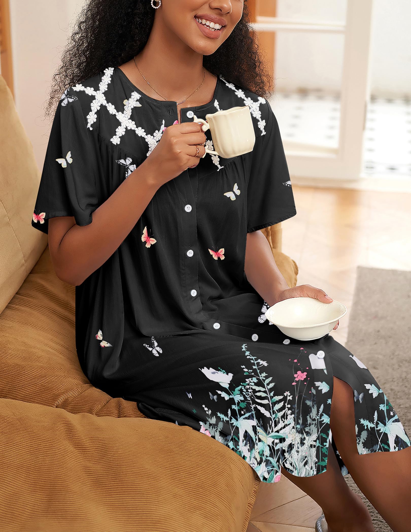 Ekouaer House Dress for Women Button Down Nightgown Short Sleeve Housecoat with pockets S-4XL WEBE CLOTHING