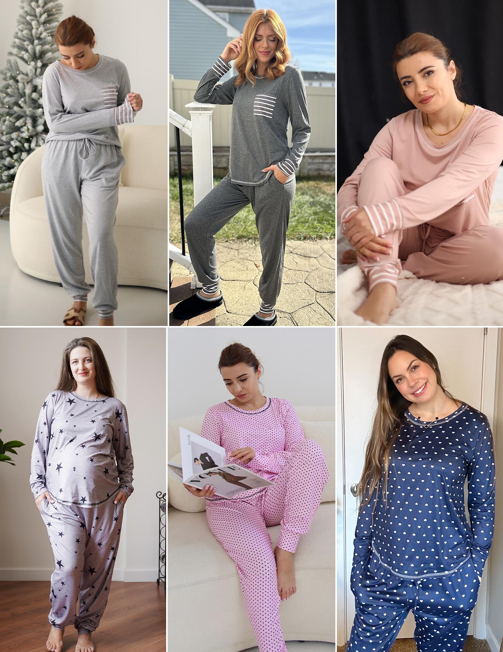 Ekouaer 2 Pack Womens Pajama Sets Long Sleeve Lounge Sets Soft Pj Sleepwear Loungewear