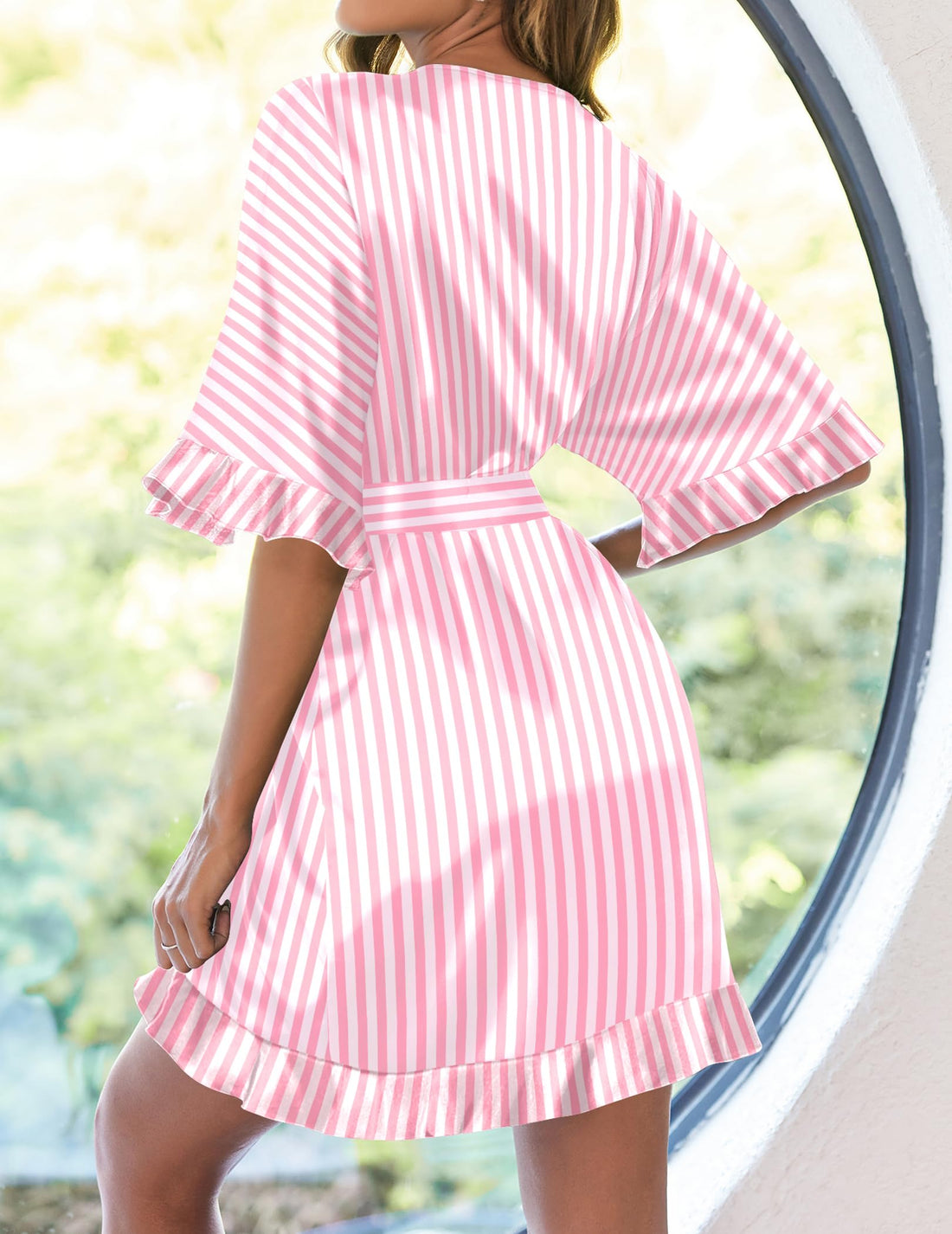 Ekouaer Womens Silk Robe Short Satin Kimono Bathrobe Bridesmaid Sleepwear | Half Sleeve, Ruffle, Comfy, Wedding Party Dressing Gown, Tabove-knee-length WEBE CLOTHING