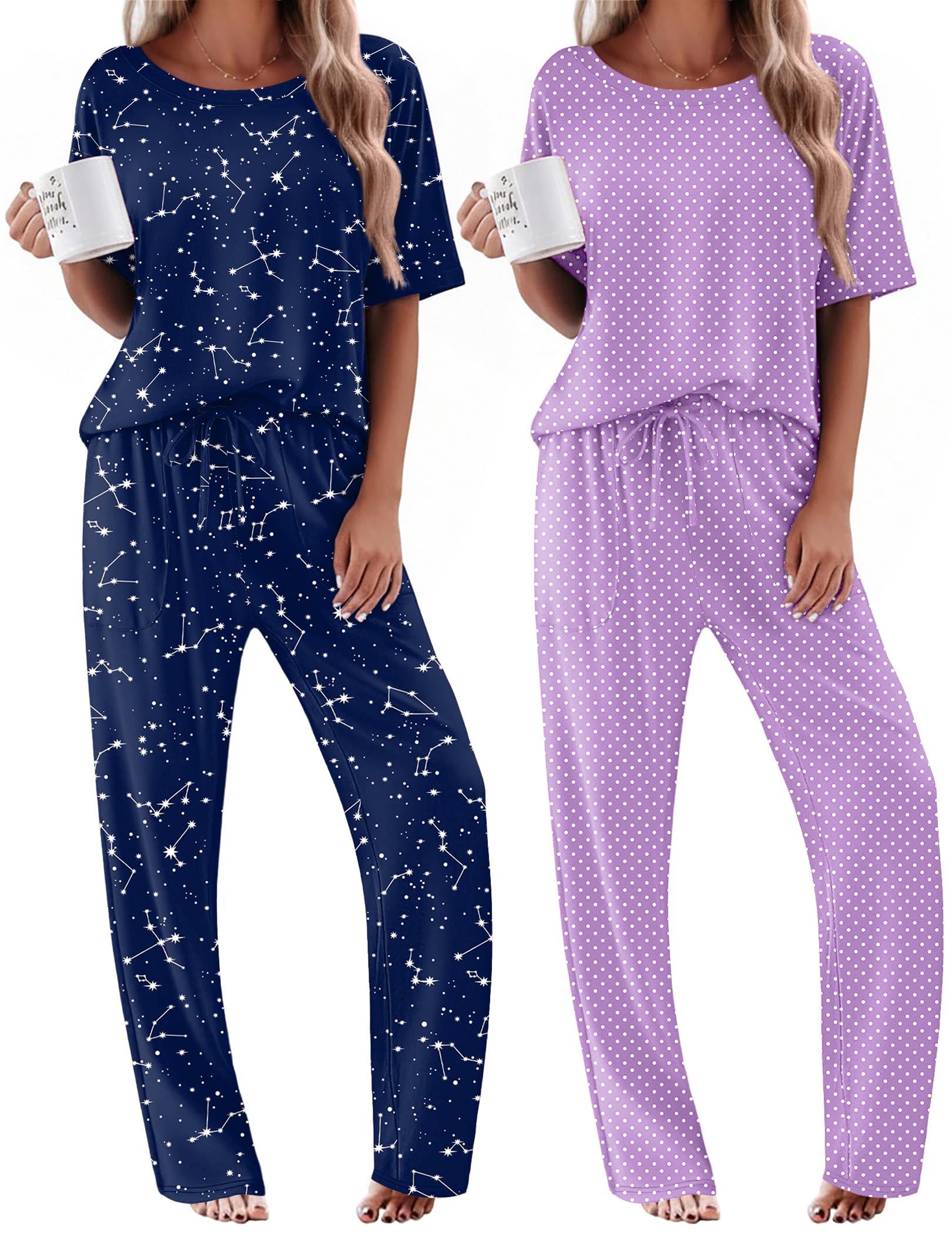 Ekouaer 2 Pack Womens Pajama Sets Short Sleeve Tops and Long Pants Casual Comfy Pjs Lounge Set with Pockets,S-XXL