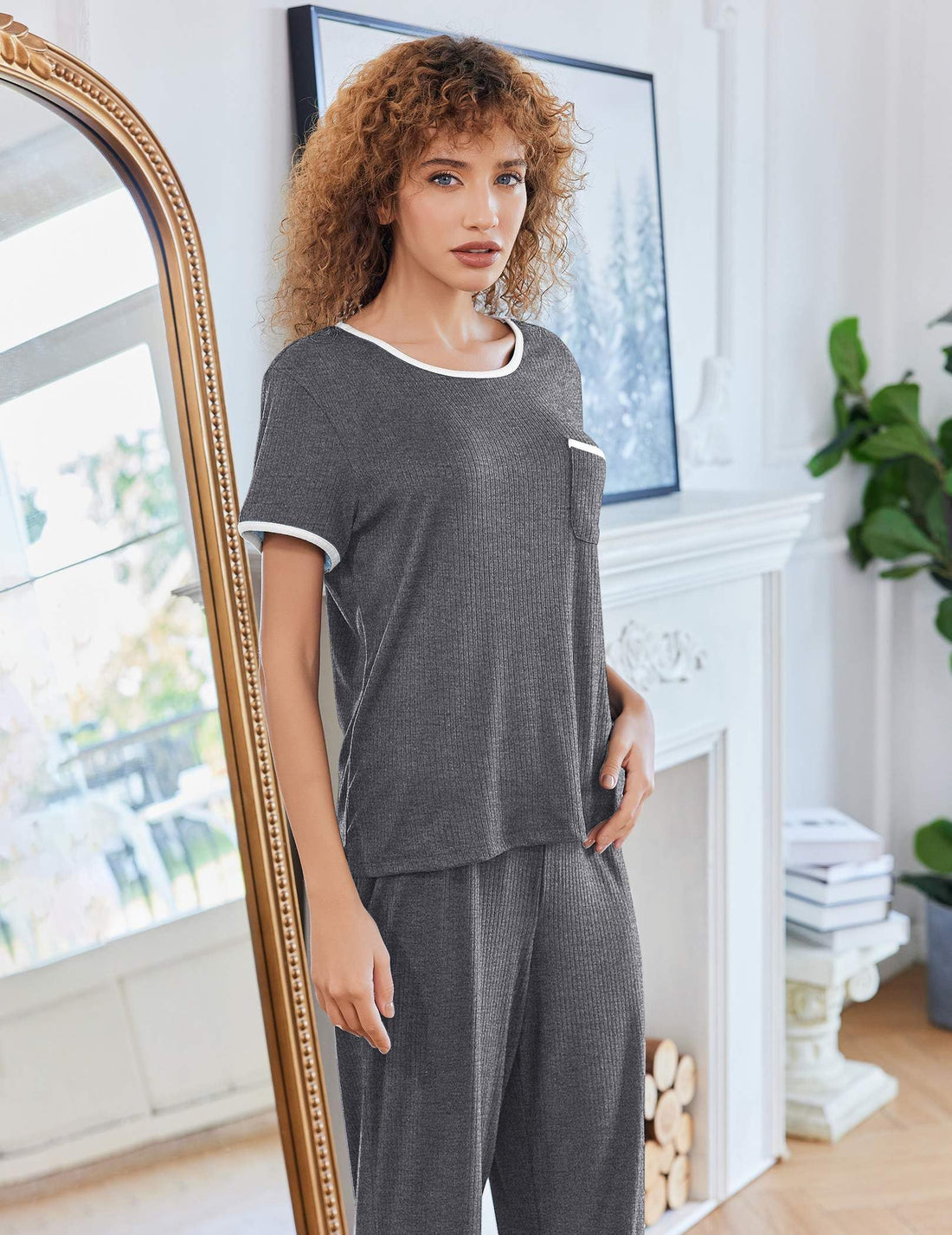 Ekouaer Women Lounge Pajamas Sets Ribbed Knit PJ Short Sleeve and Long Pajama Pant Soft 2 Piece Sleepwear Loungwear Set