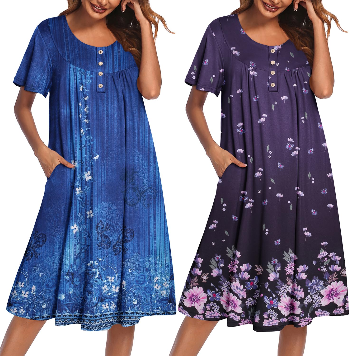 Ekouaer 2 Pack House Dresses for Women with Pockets Short Sleeve Moo Moos | Ruffle Sleeve Mumu Dress, Soft Button Front Nightgown, Two Side Pockets, Comfy Sleepwear, Perfect for Your Mom, Grandma, Gift WEBE CLOTHING