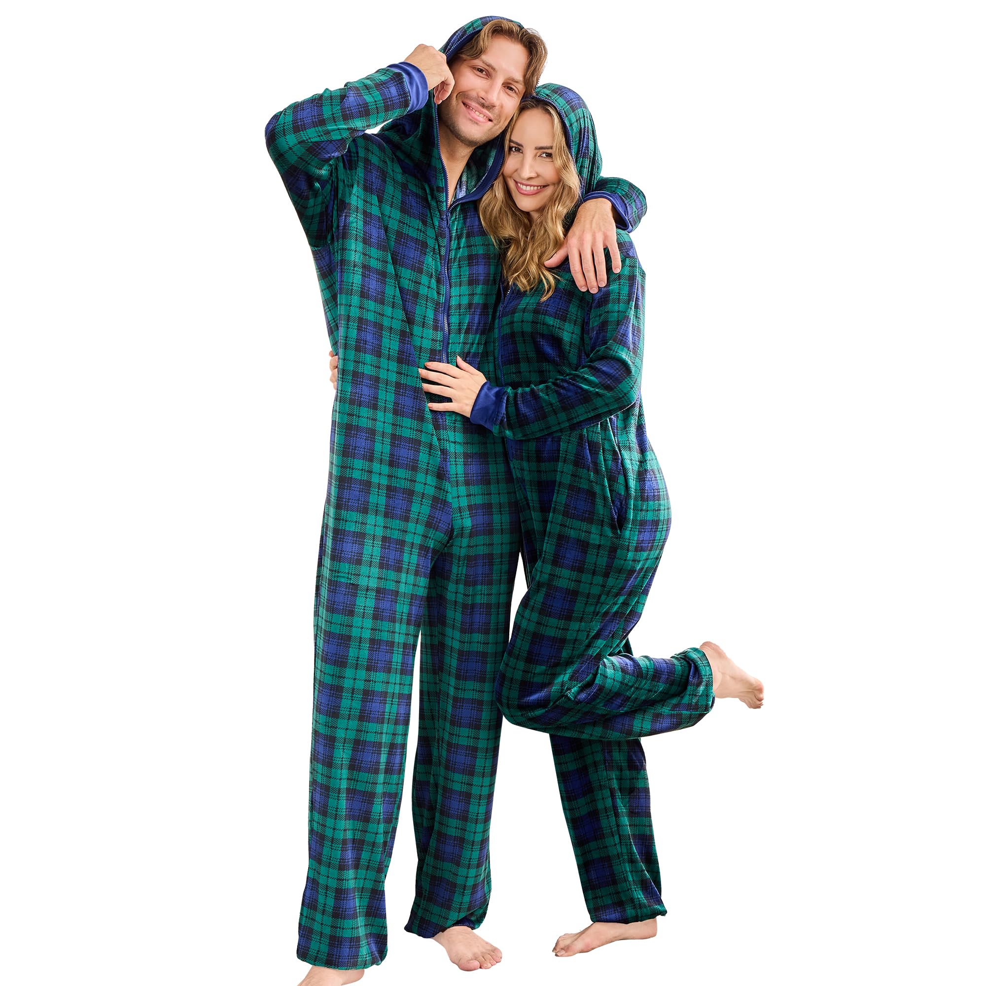 PJGGZ Onesie Couples Matching Pajamas - Funny Plaid Zipper Hooded Pjs Sets for Women & Men Soft Warm Christmas Jumpsuit WEBE CLOTHING