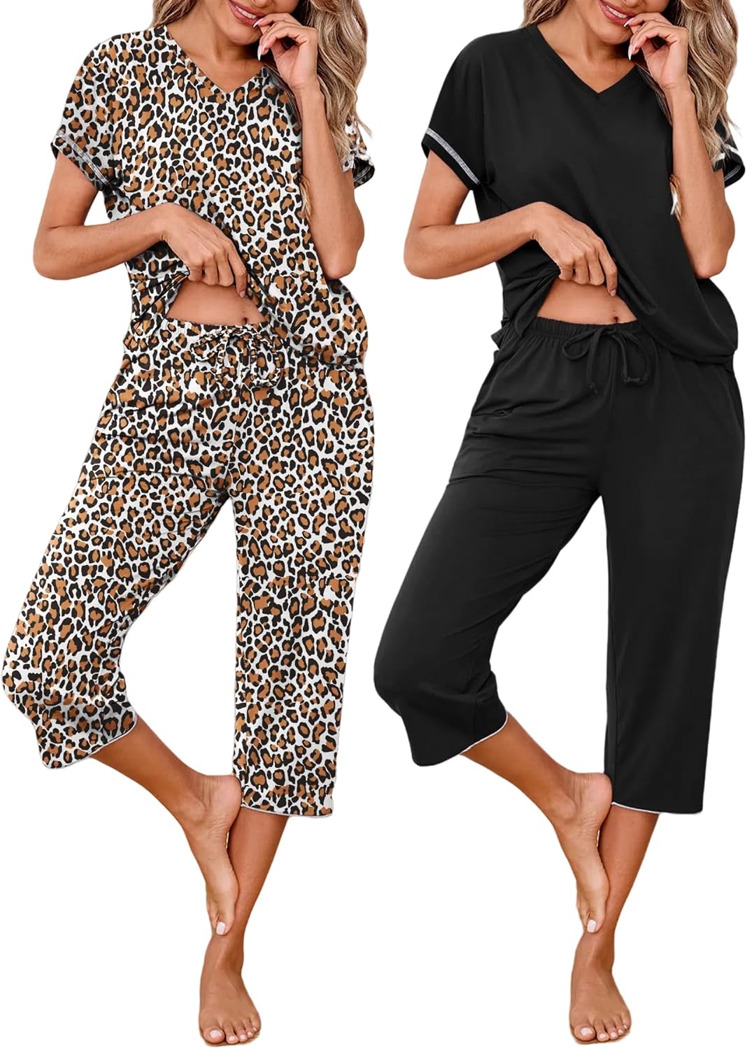 Marvmys Womens 2 Pack Pajama Sets Short Sleeve Sleepwear Capri Pants Pjs | Pockets, Lightweight, Cooling Pyjamas, Nightwear Comfy for Daily Wear, Pajams sets, Sleep, Travel, Wife, Mom WEBE CLOTHING