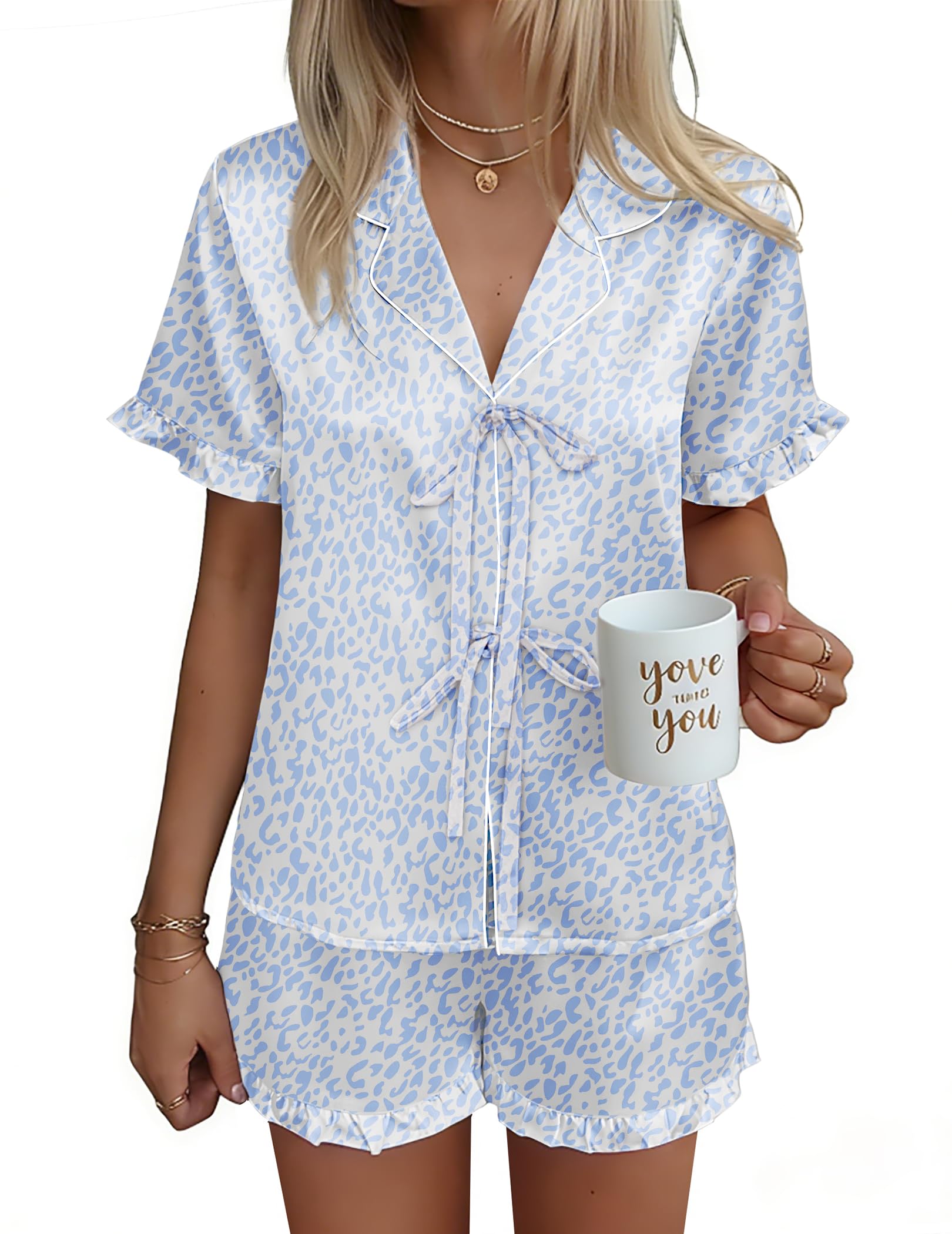 Ekouaer Satin Pajama for Women Short Sleeve Silky Pj Short Set Bow Front Tie Up Loungewear Sleepwear