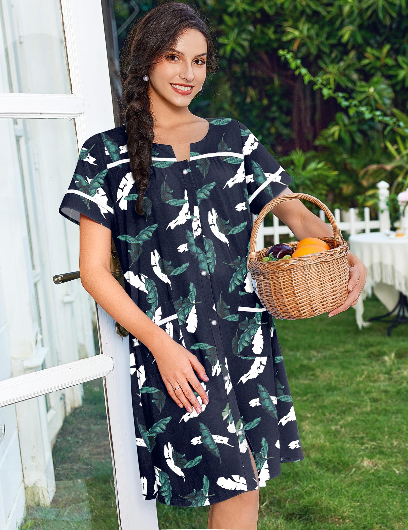 Ekouaer Nightgowns for Women House Dress with Pockets Snap Front House Coat | Duster Mumu Dress, Short Sleeve Moo Moos, Plus Size Sleepwear, Casual Lounge Dress, Labor Delivery Gown, Daily Wear, Home