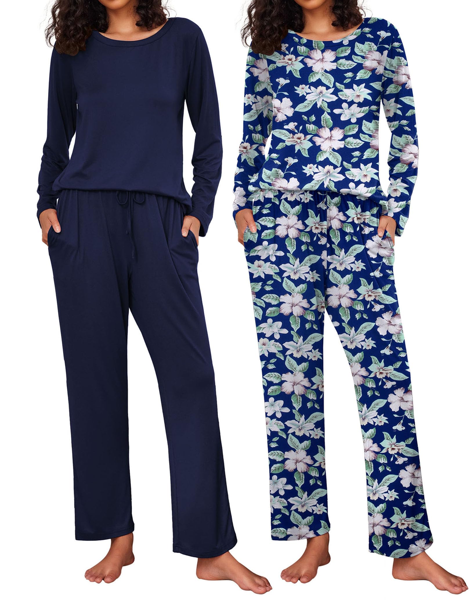 Ekouaer 2 Pack Womens Pajama Sets Long Sleeve Pjs Lounge Set Soft Comfy Sleepwear Winter Loungewear