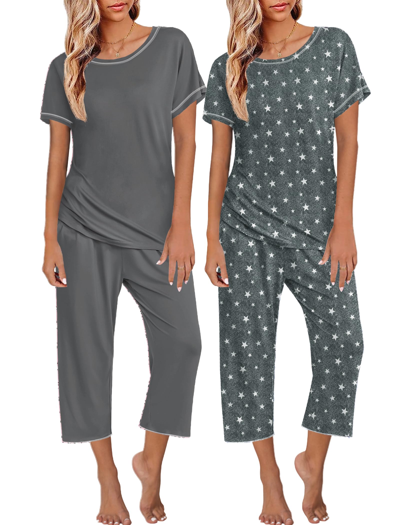 Ekouaer 2 Pack Womens Pajamas Sets Short Sleeve Tops and Capri Pants Pjs Colorful Printed Sleepwear Sets