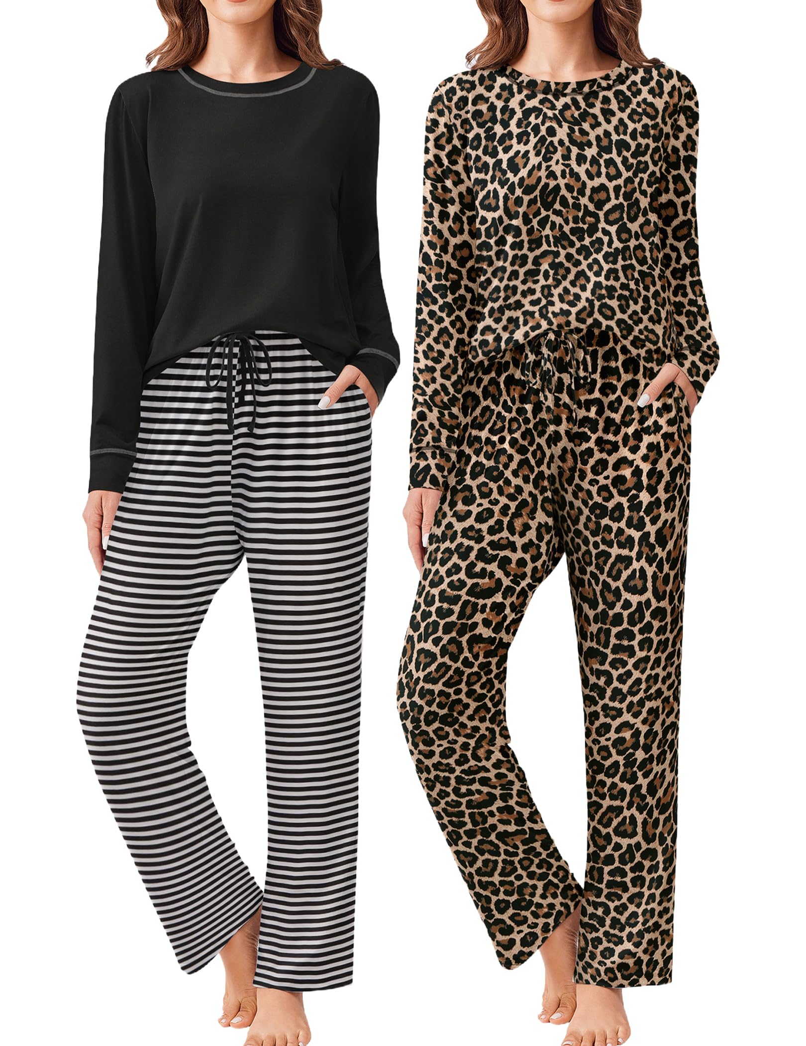 Ekouaer 2 Pack Women Pajama Long Sleeve Sleepwear Soft Loungewear Pjs Sets with Pockets S-XXL