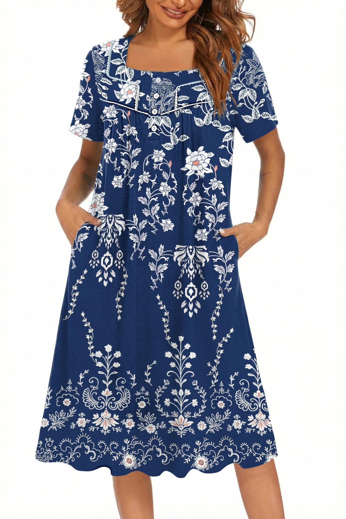 Ekouaer Women's House Dress with Pockets Moomoo Dresses Short Sleeve Mumu Nightgown Lounge Dress Button Down Sleepwear WEBE CLOTHING