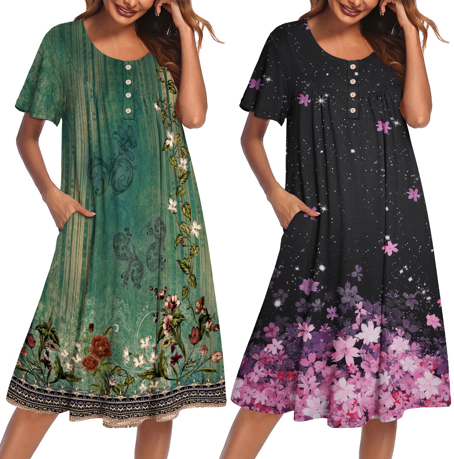 Ekouaer 2 Pack House Dresses for Women with Pockets Short Sleeve Moo Moos | Ruffle Sleeve Mumu Dress, Soft Button Front Nightgown, Two Side Pockets, Comfy Sleepwear, Perfect for Your Mom, Grandma, Gift WEBE CLOTHING