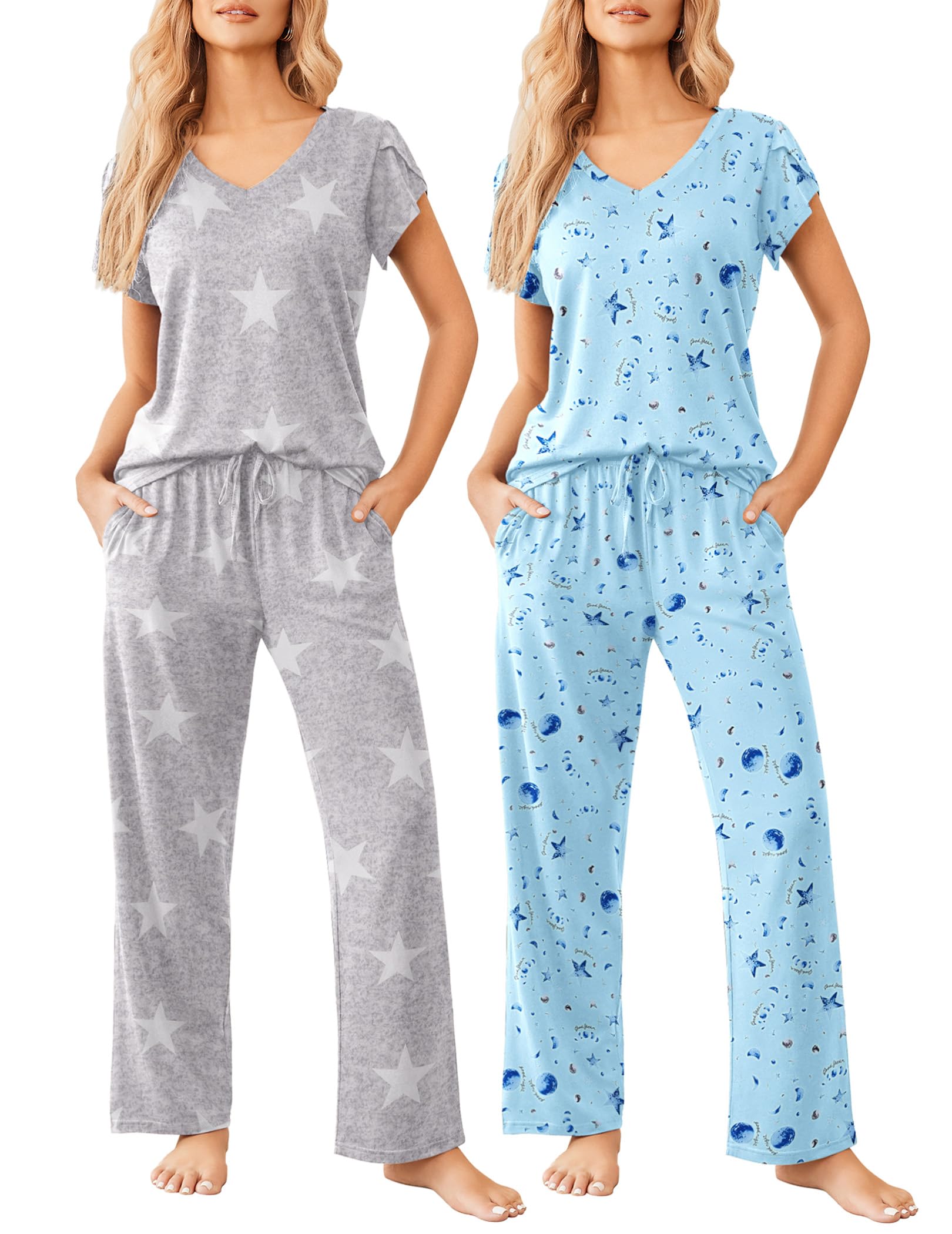 Ekouaer 2 Pack Womens Pajamas Short Sleeve Sleepwear Top with Pants Super-Soft Printed Lounge Sets S-XXL