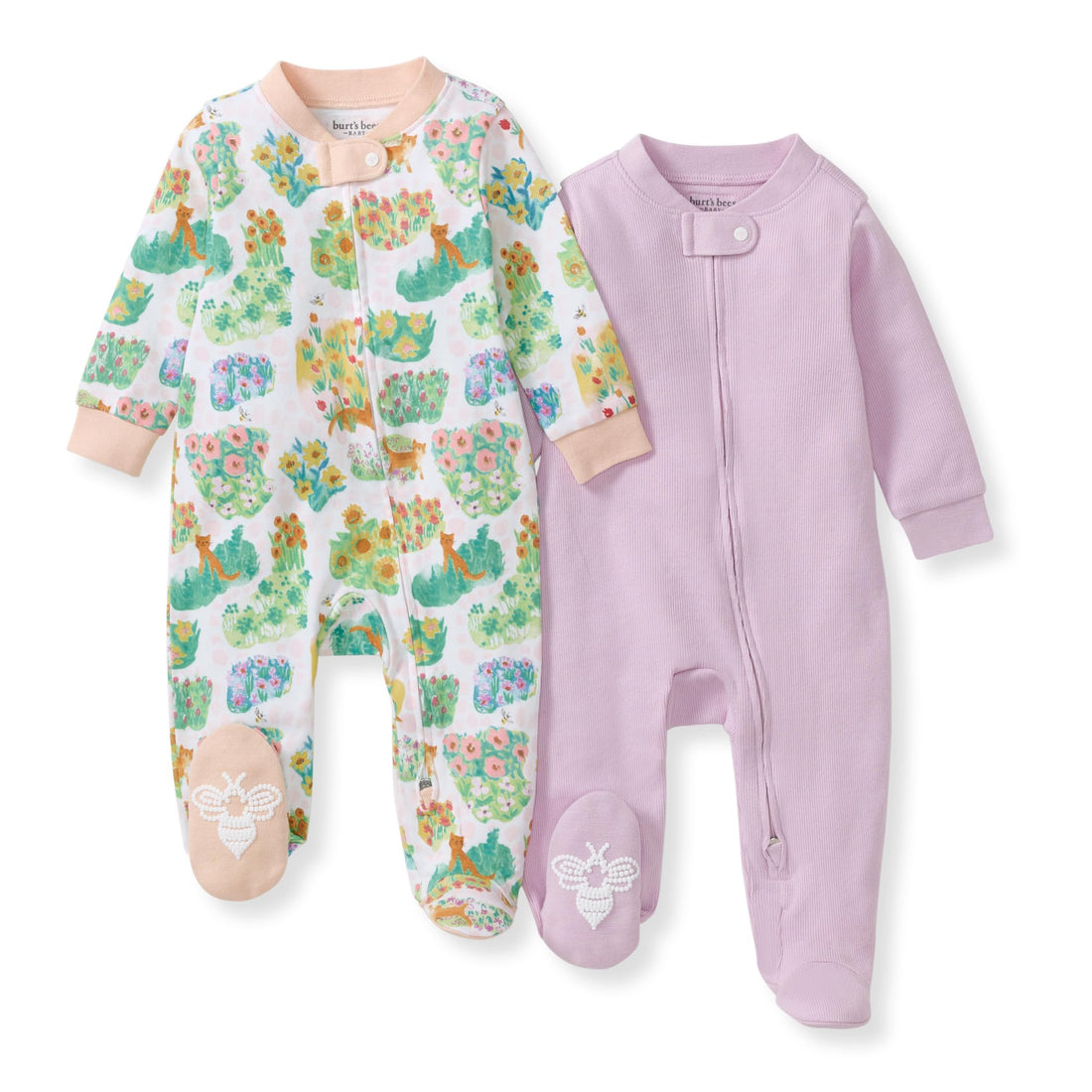 Burt's Bees Baby Organic Cotton Sleep and Play Footed Pajamas for Girls, Zipper PJ Newborn Sleeper with Non-Slip Bee Grips