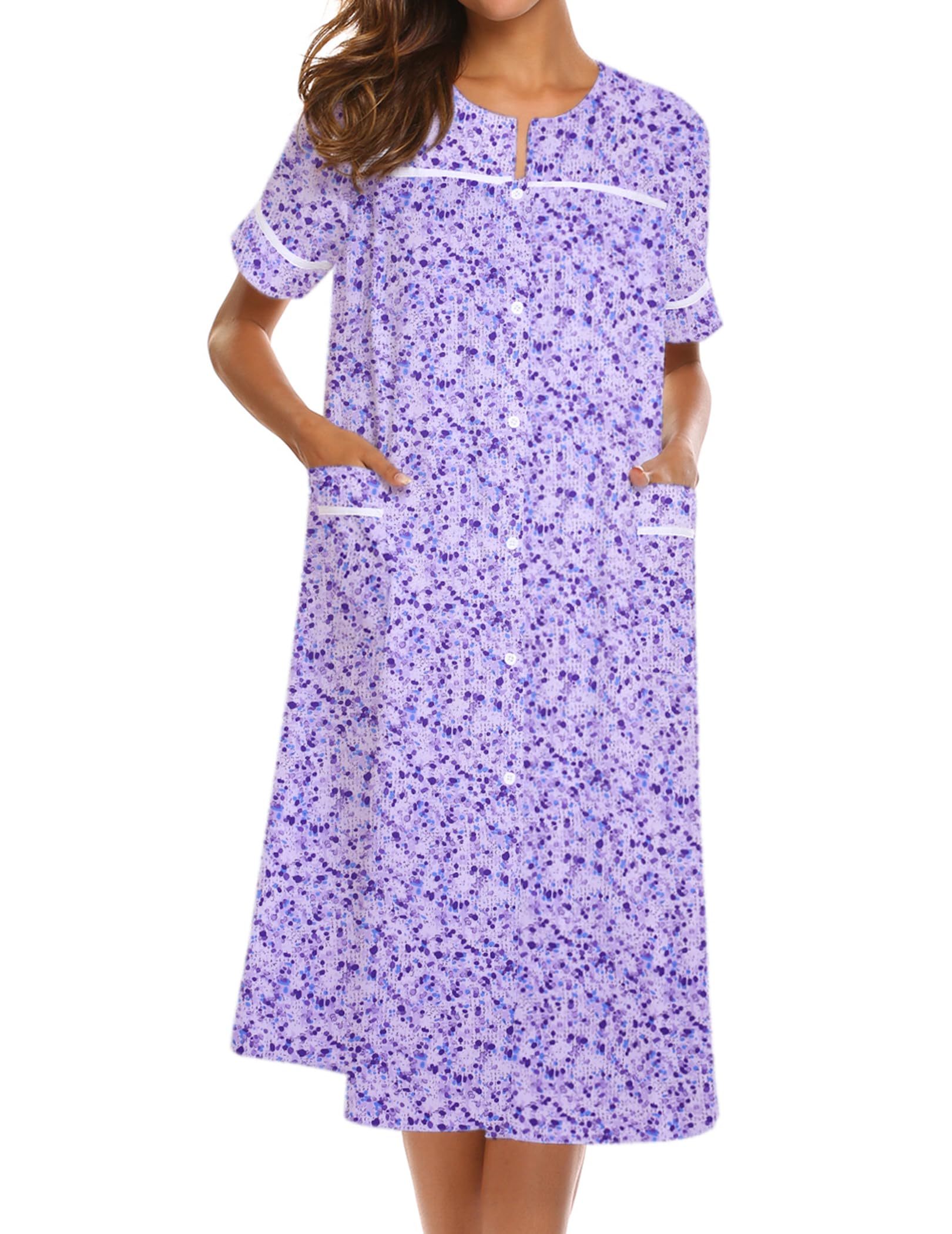 Ekouaer House Dress for Women with Pockets Duster Button Down Nightgown | Nightgowns for Women, Button Dwon House Dress with Pockets, Short Sleeve Duster Housecoat, Moo Moos for Elderly, Mumu Dress WEBE CLOTHING