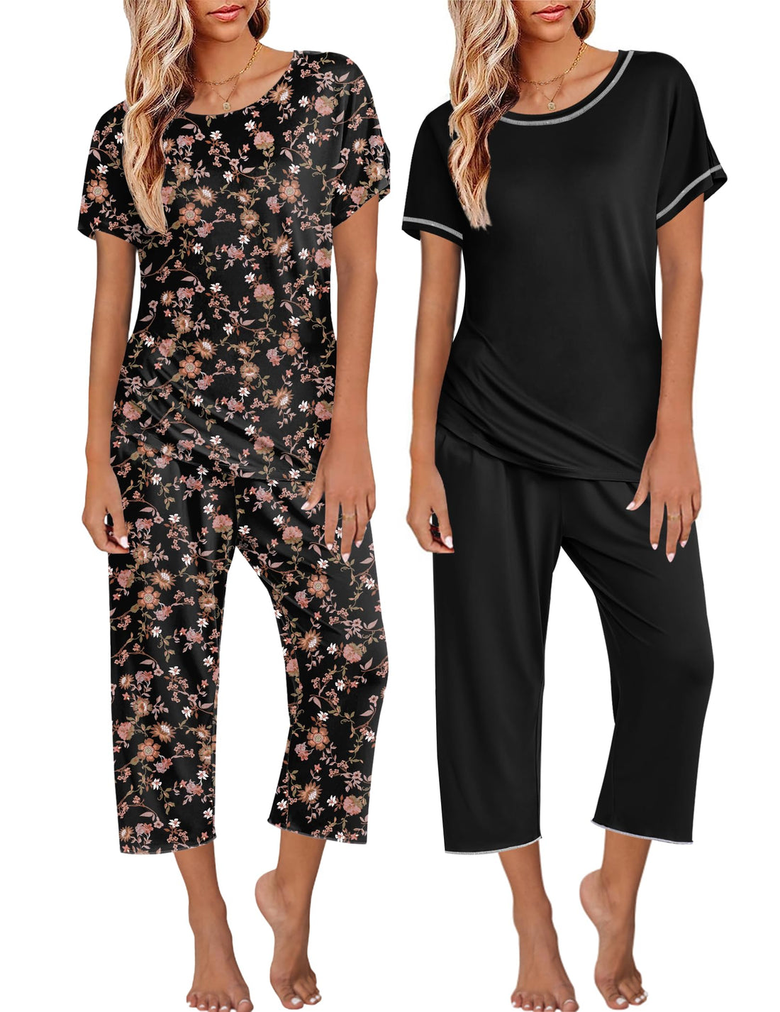 Ekouaer 2 Pack Womens Pajamas Sets Short Sleeve Tops and Capri Pants Pjs Colorful Printed Sleepwear Sets