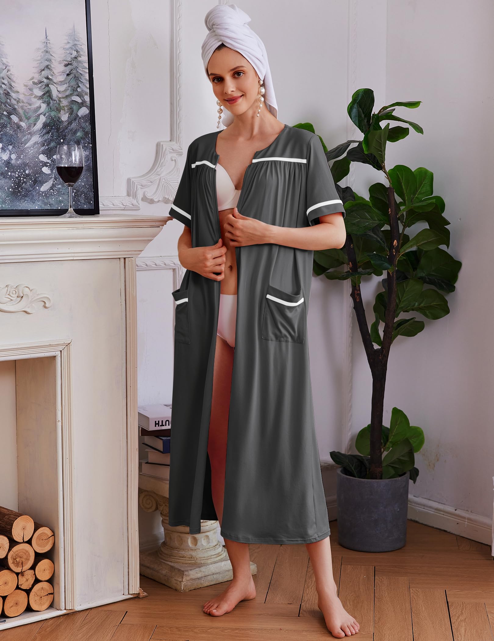 Ekouaer Zipper Robes for Women Short Sleeve Bathrobe Soft Lightweight Housecoat Full Length Nightgown with Pockets S-3XL WEBE CLOTHING