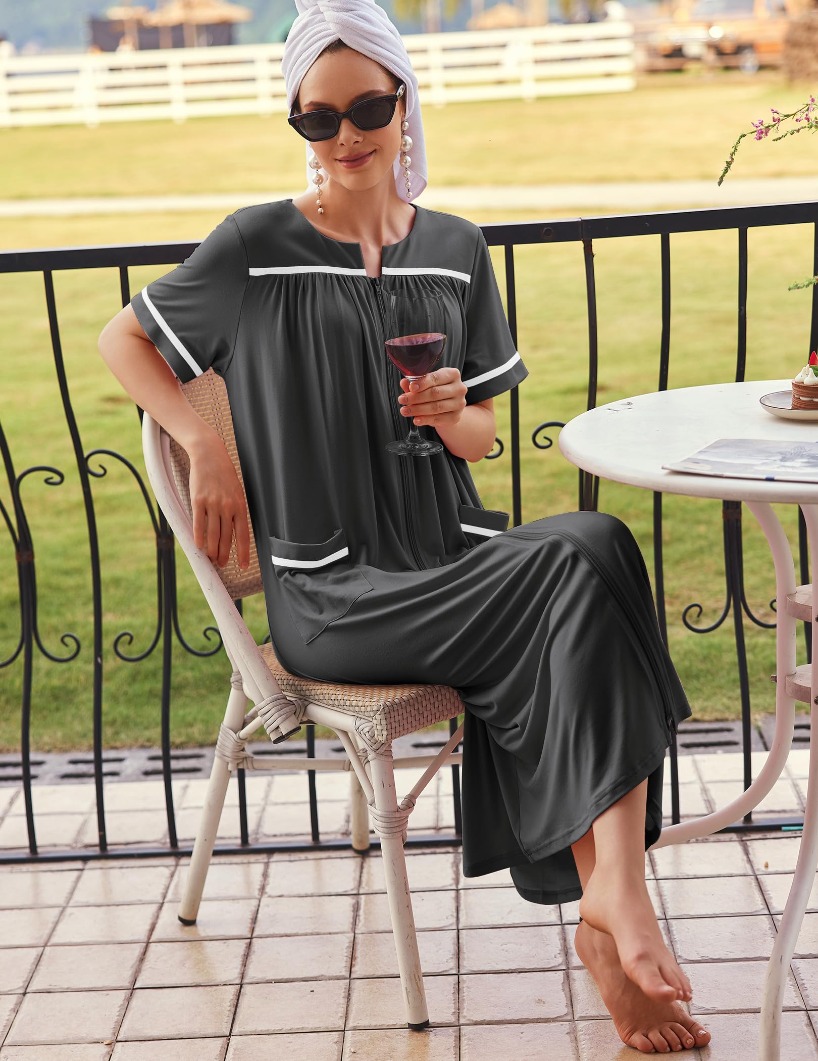 Ekouaer Zipper Robes for Women Short Sleeve Bathrobe Soft Lightweight Housecoat Full Length Nightgown with Pockets S-3XL WEBE CLOTHING