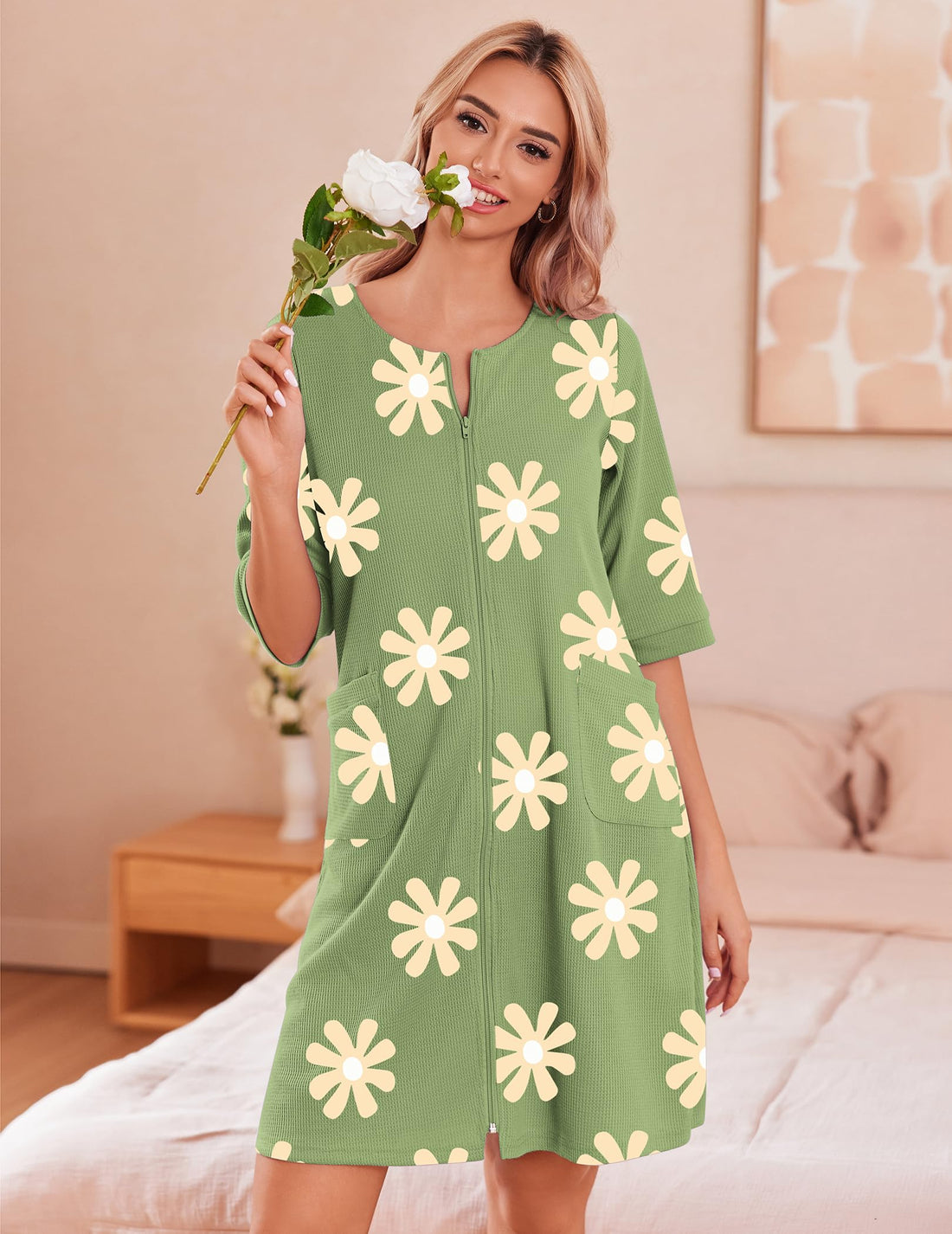 Ekouaer Zip Up Robes for Women Short Waffle Bathrobe Lightweight house coat 3/4 Sleeve Soft Nightgown with Pockets S-3XL WEBE CLOTHING