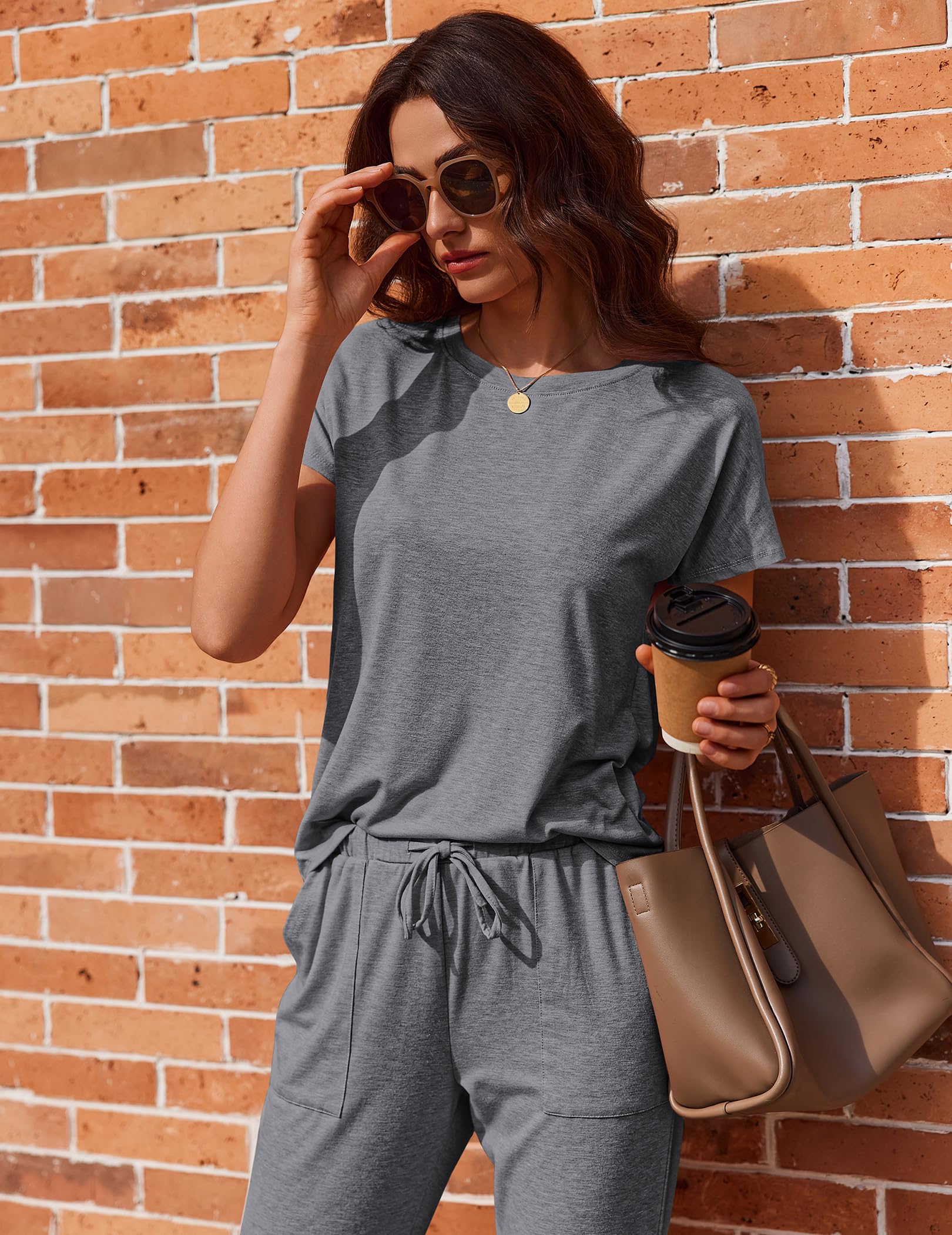 Ekouaer 2 pack Pajama Sets for Womens Jogger Pants Pjs Short Sleeves Lounge Set Soft Sleepwear with Pockets WEBE CLOTHING
