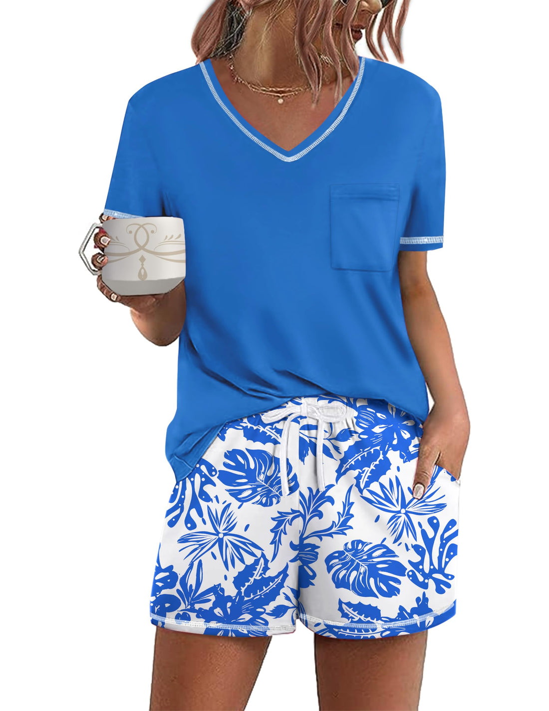 Ekouaer Women's Pajamas Sets Short Sleeve Pjs Two Piece Sleepwear Casual Lounge Sets With Pockets
