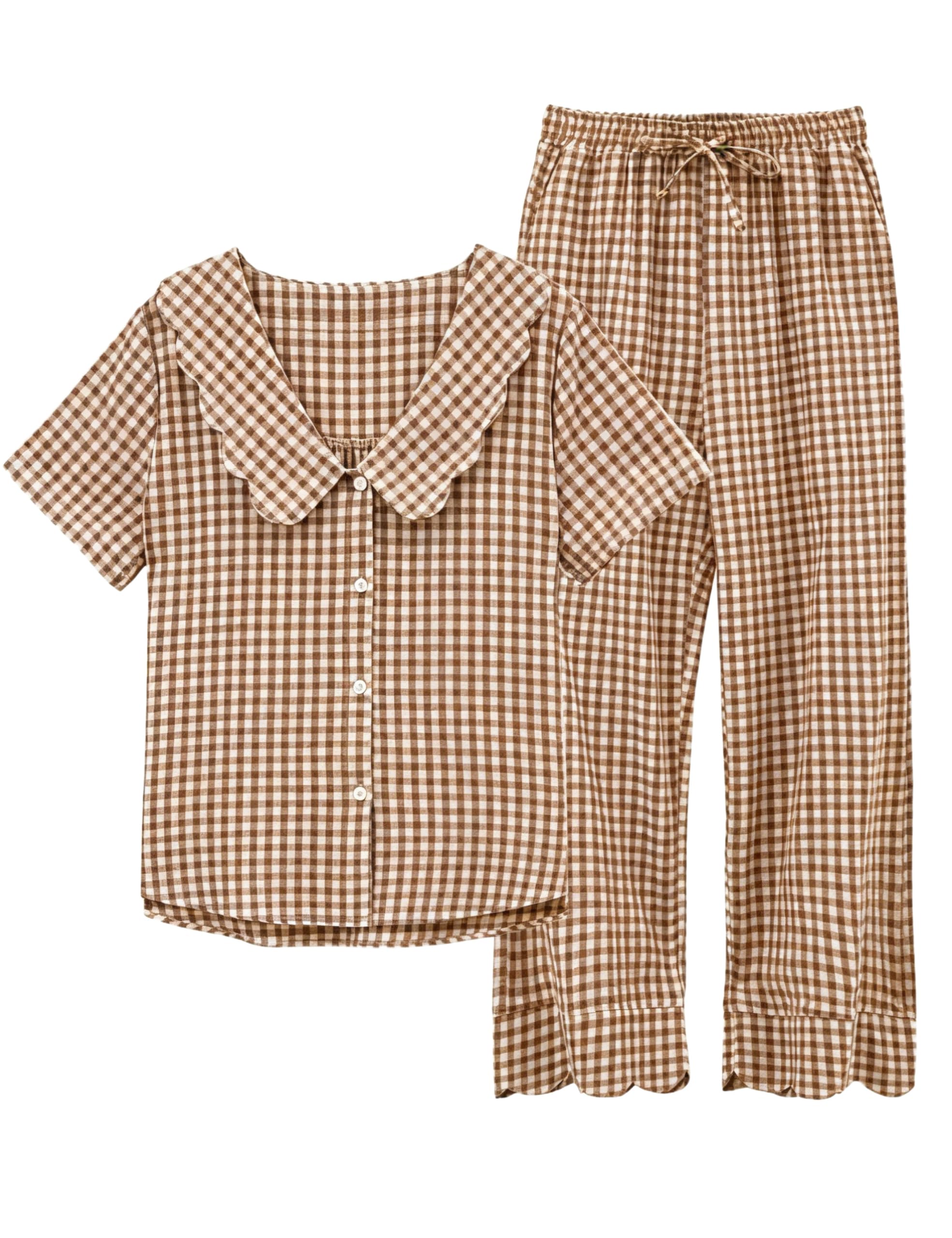 Tanming Womens Gingham 2 Piece Pajamas Sets Puff Sleeve Babydoll Shirt Ruffle Pants Pj Lounge Set Sleepwear WEBE CLOTHING