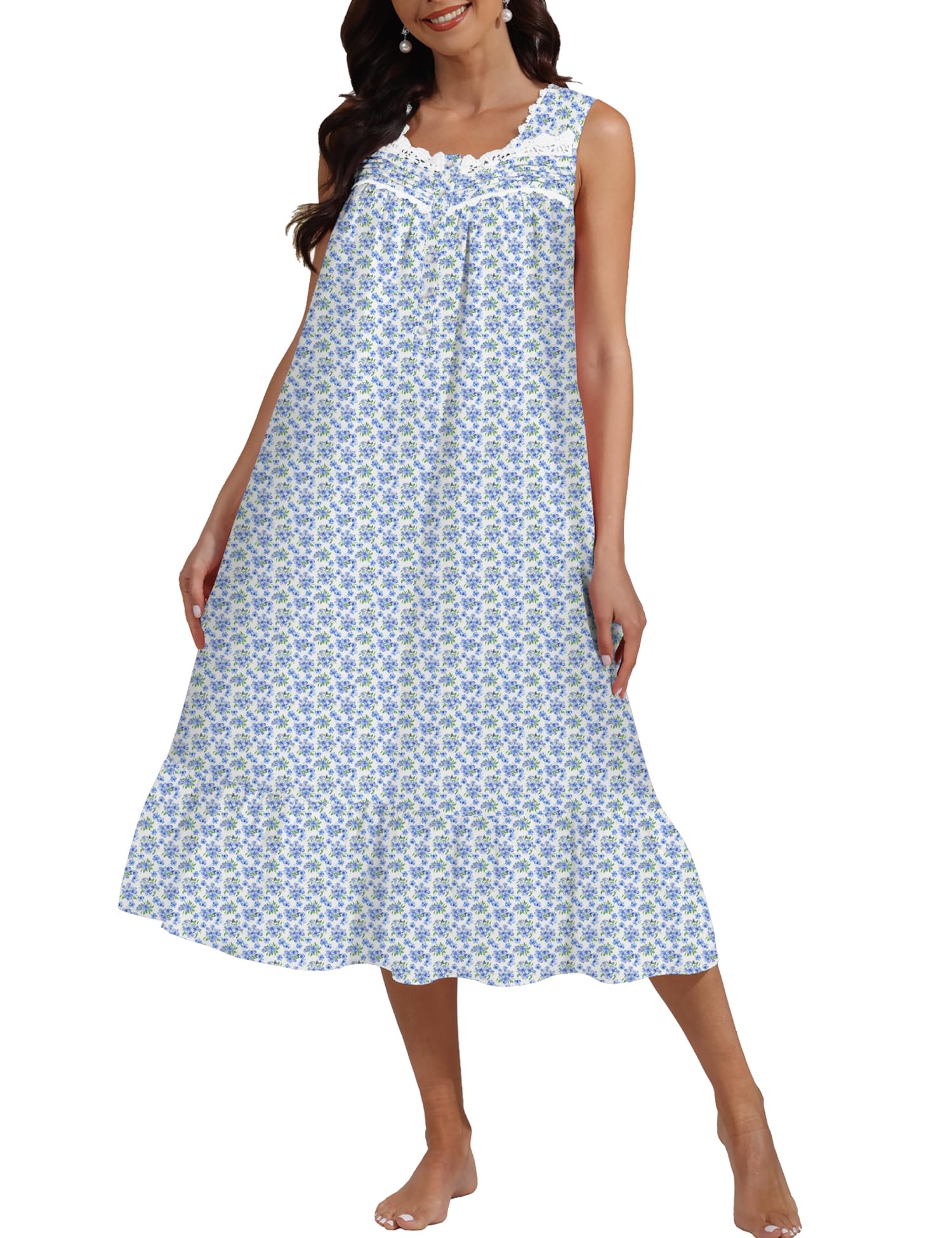 100% Cotton Floral Pearl Snap Nightgown for Women Sleeveless Victorian Sleep Dress Cotton Nightgowns with Pockets WEBE CLOTHING