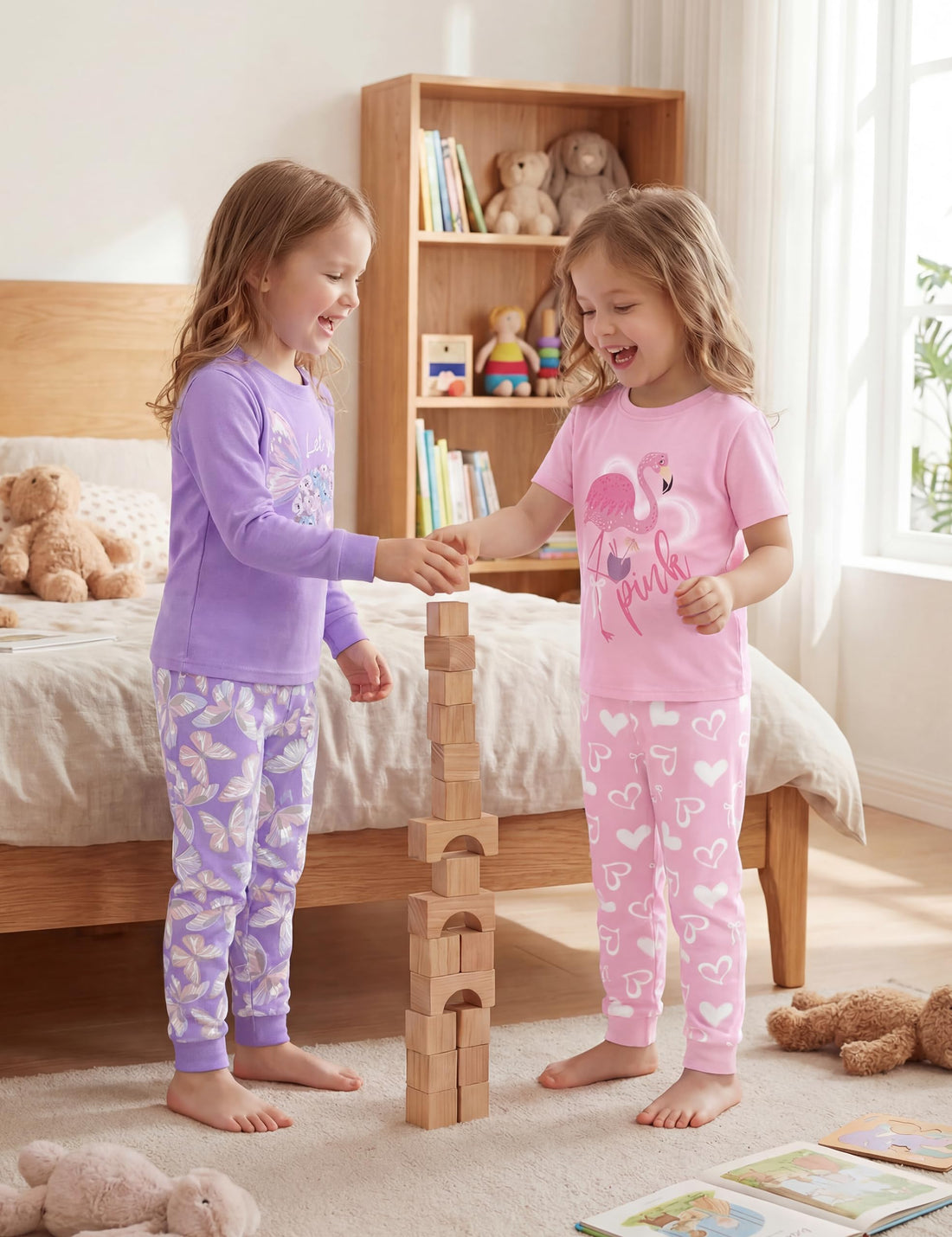 Yoofoss Toddler Pajamas 100% Organic Cotton Girls Boys Pajamas for Kids 4 Piece Snug Fit Long & Short Sleeves Pjs Set