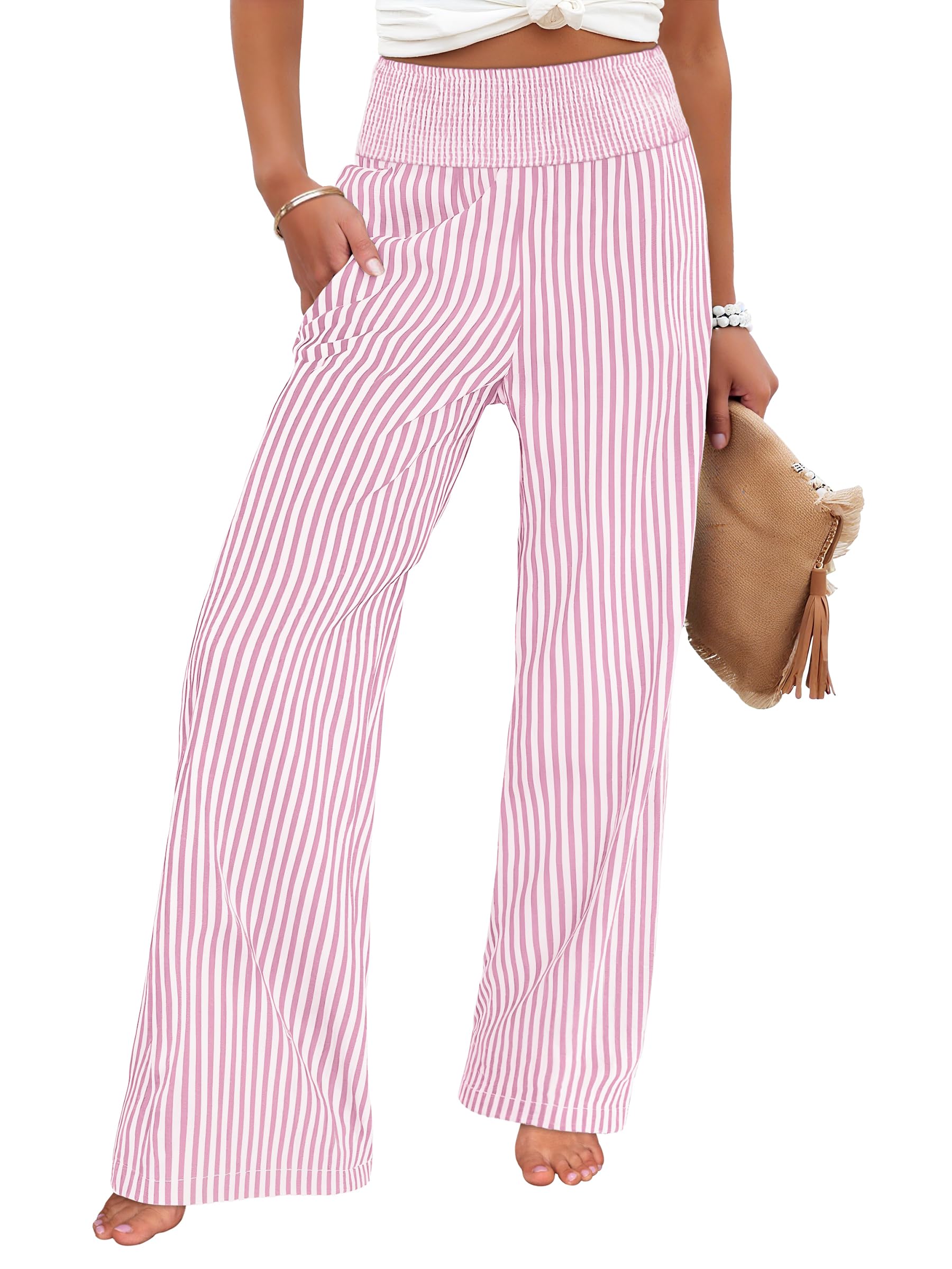 ANRABESS Womens Striped Gingham Palazzo Pants | Wide Leg Smocked High Waisted Pajama Pants, Lounge & Casual, Summer Fall Cute Pants with Pockets