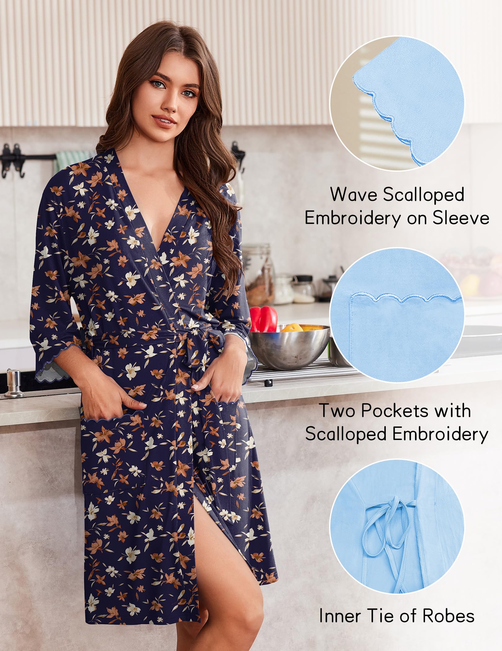 Ekouaer Robes for Women Knee Length Kimono Bathrobe Lightweight 3/4 Sleeve Sleepwear Soft Loungewear with Pockets S-XXL WEBE CLOTHING