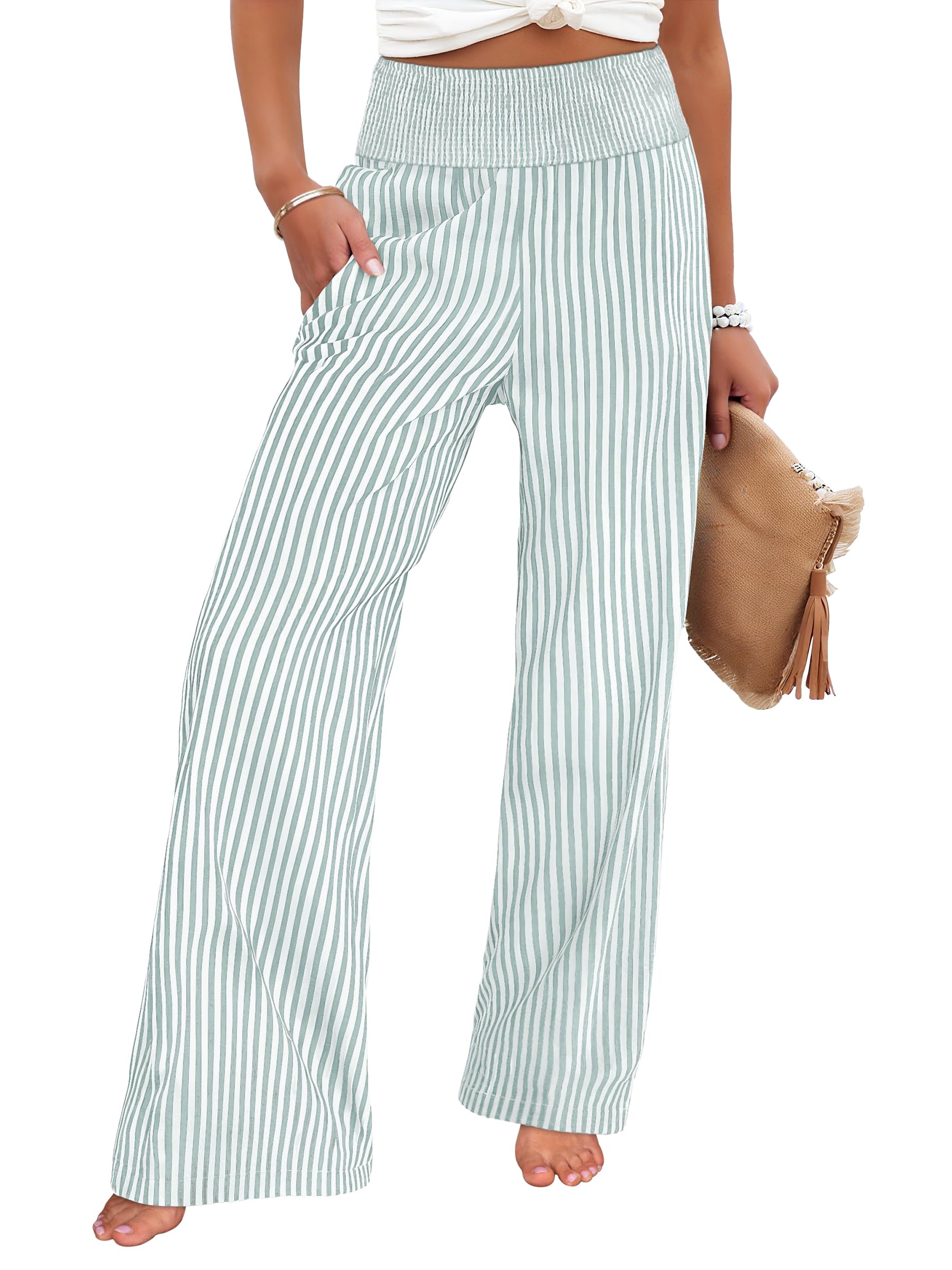 ANRABESS Womens Striped Gingham Palazzo Pants | Wide Leg Smocked High Waisted Pajama Pants, Lounge & Casual, Summer Fall Cute Pants with Pockets