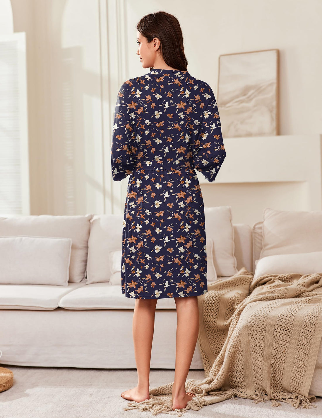Ekouaer Robes for Women Knee Length Kimono Bathrobe Lightweight 3/4 Sleeve Sleepwear Soft Loungewear with Pockets S-XXL WEBE CLOTHING