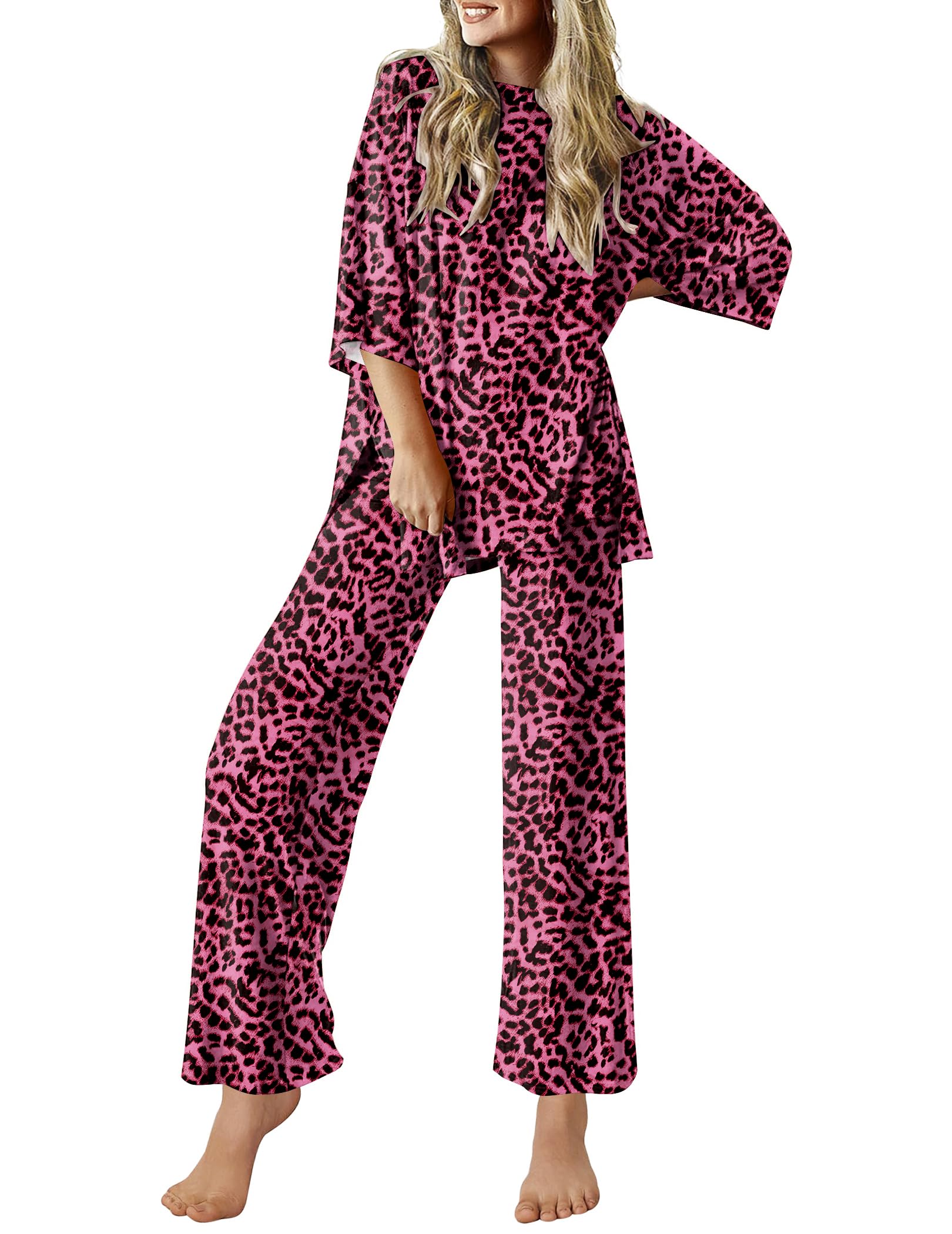 Ekouaer Lounge Sets for Women Short Sleeve Tops and Long Pants Soft Comfy Pajamas Set 2 Piece Outfits