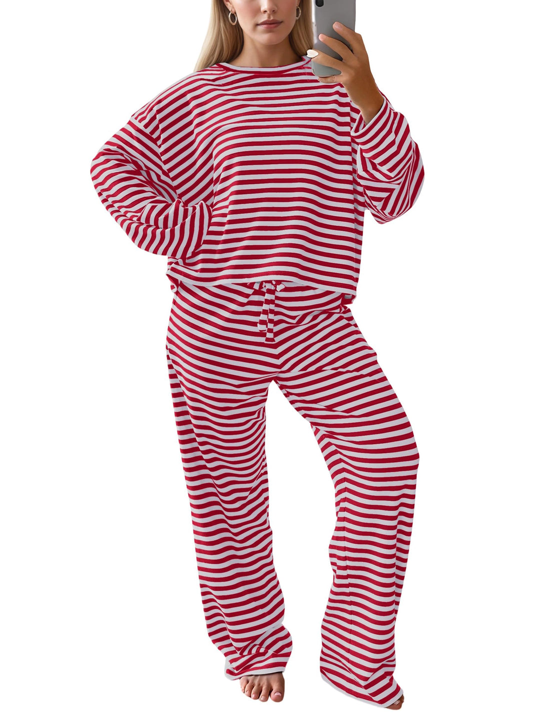 MISSACTIVER Women's Striped 2 Piece Lounge Set Casual Long Sleeve T-Shirt Drawstring Wide Leg Pants Matching Pajamas Set