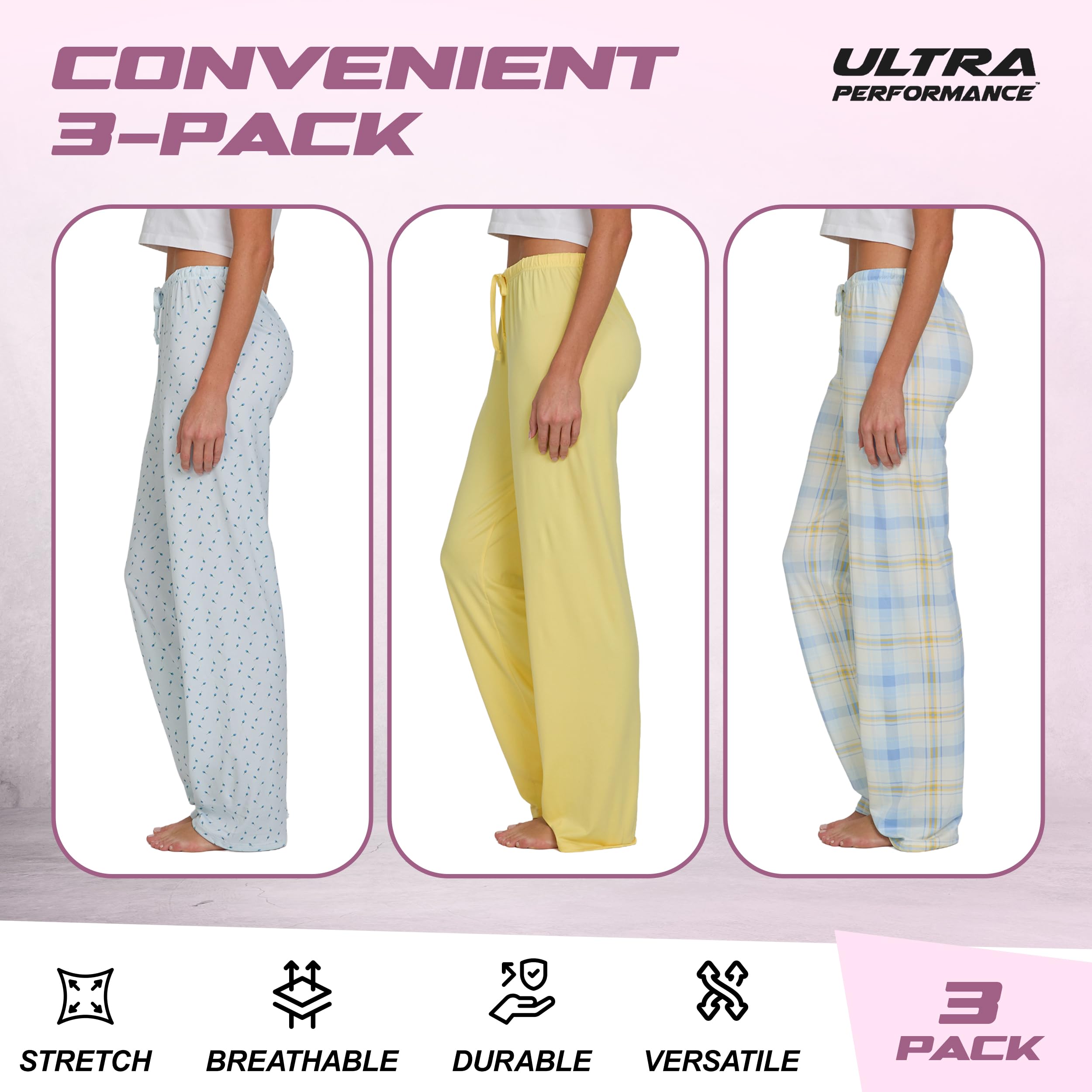 Ultra Performance Womens Pajama PJ Pants 3 Pack Lounge Bottoms Pajamas for Women (Avail in Plus Sizes)