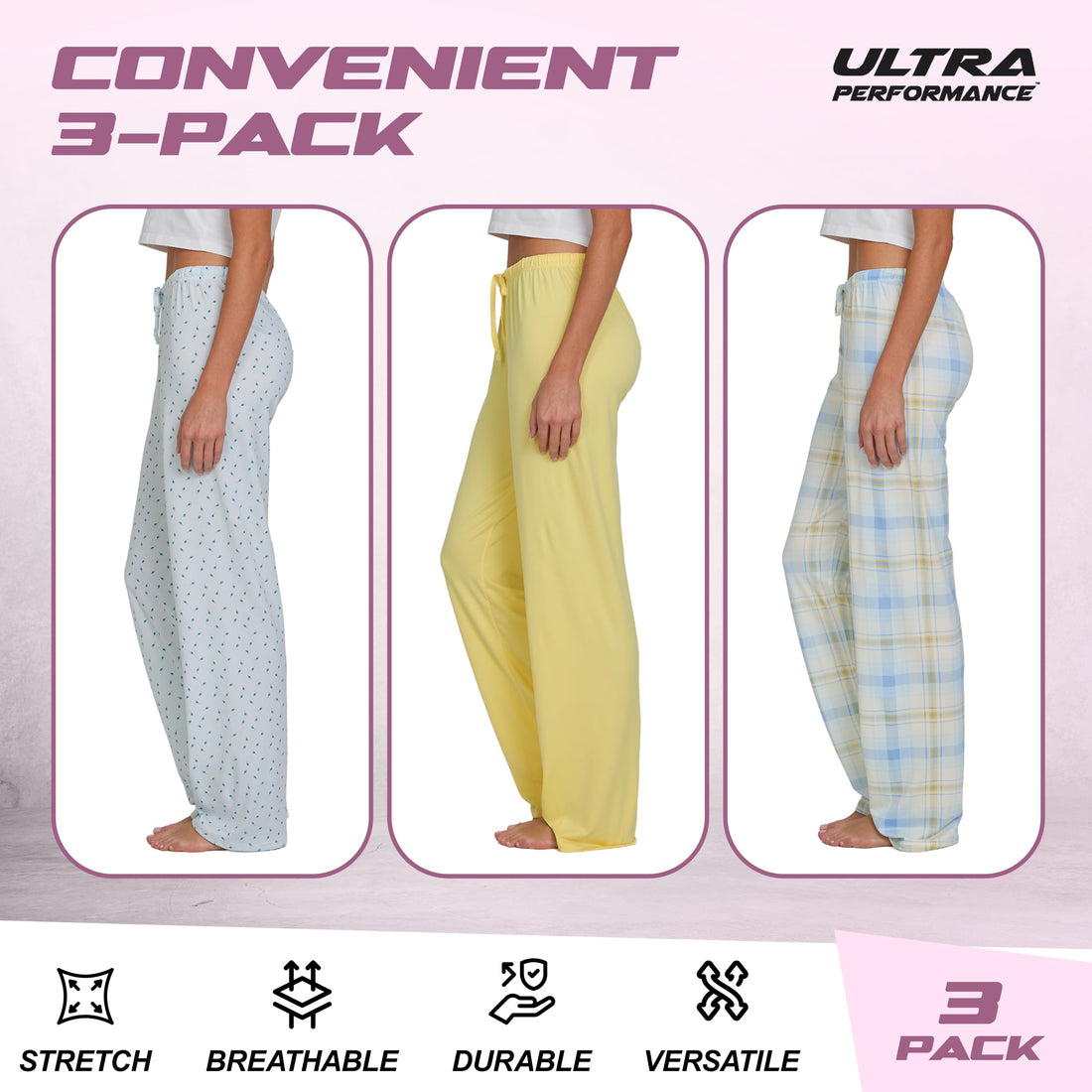 Ultra Performance Womens Pajama PJ Pants 3 Pack Lounge Bottoms Pajamas for Women (Avail in Plus Sizes)