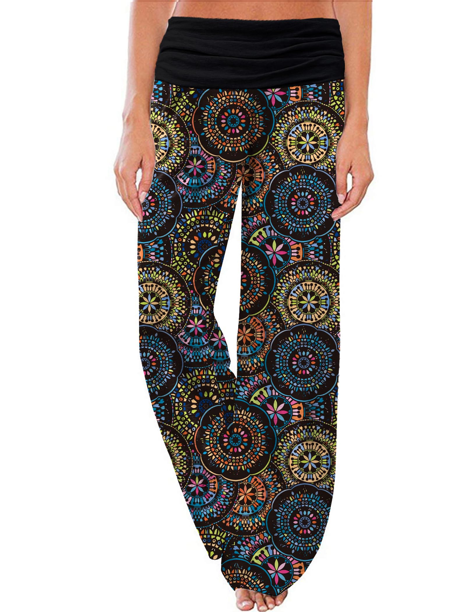 Gracyoga Women's Comfy Pajama Pants Wide Leg Lounge Palazzo Yoga Pants Stretch Casual Floral Print Fold Waist Pants
