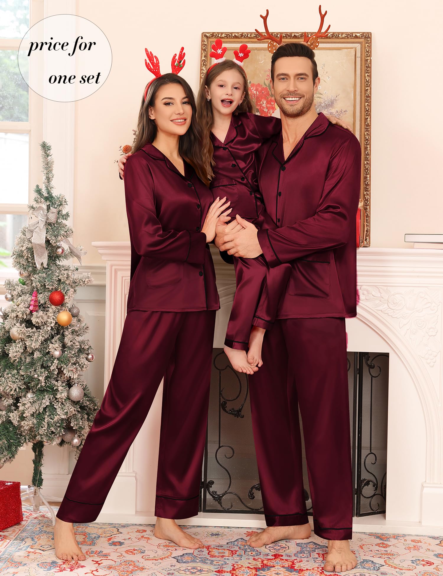 SWOMOG Matching Family Pajamas Set Women & Men & Kids Silk Satin Pjs 2 Pcs Long Sleeve Button Down Sleepwear with 2 Pockets