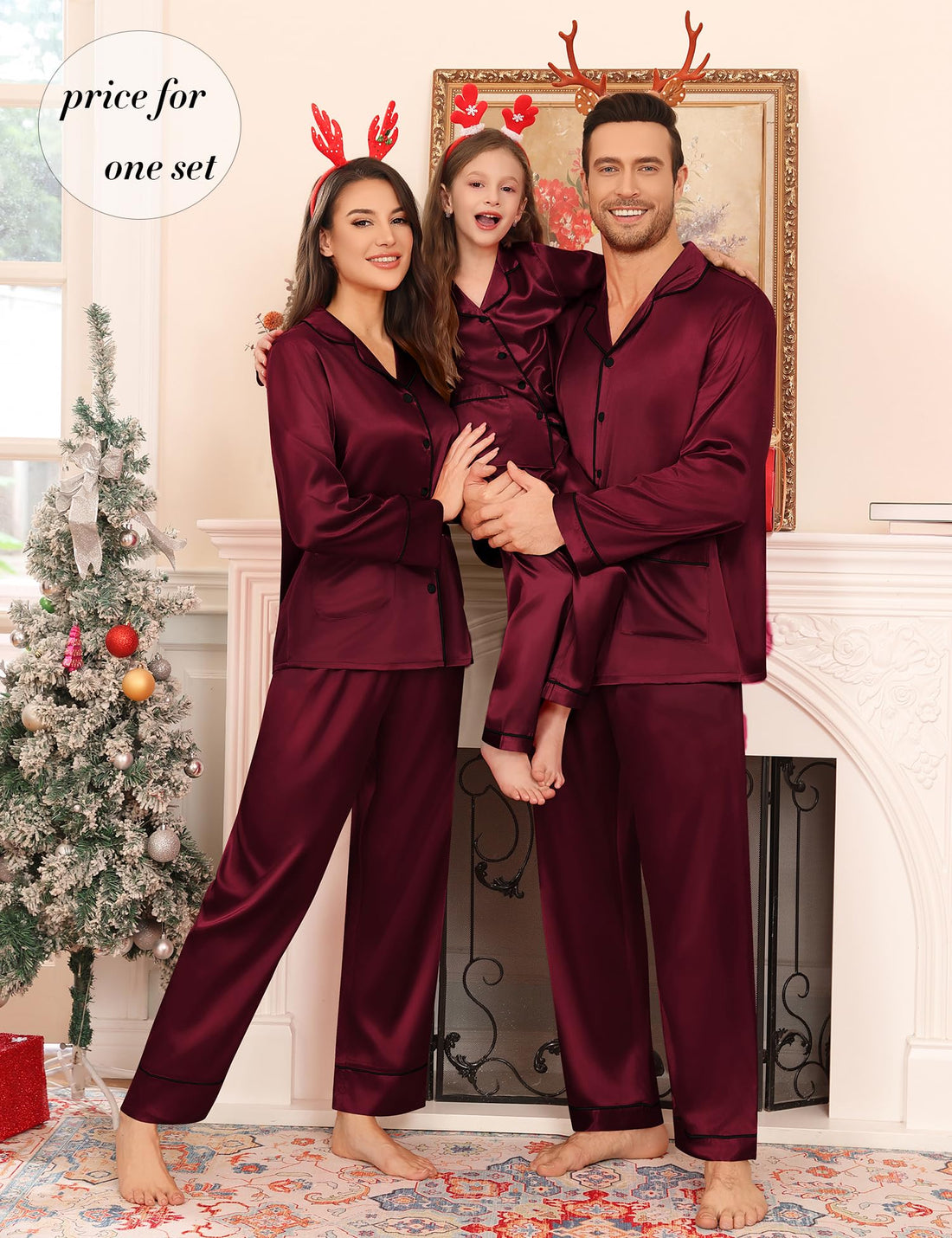 SWOMOG Matching Family Pajamas Set Women & Men & Kids Silk Satin Pjs 2 Pcs Long Sleeve Button Down Sleepwear with 2 Pockets