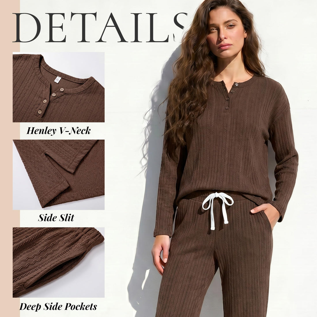 U2SKIIN Soft Pajama Set for Women Cable Knit Loungewear Henley Neck Long Sleeve Comfy Sleepwear with Pockets All Season