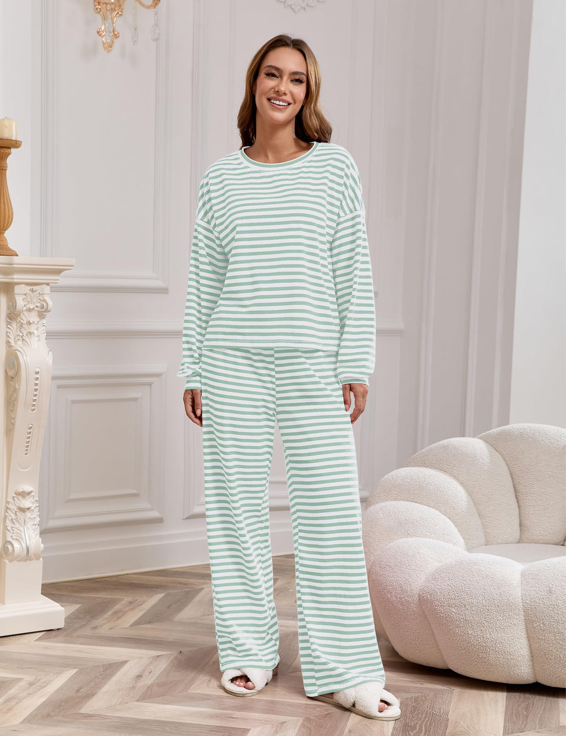 MISSACTIVER Women's Striped 2 Piece Lounge Set Casual Long Sleeve T-Shirt Drawstring Wide Leg Pants Matching Pajamas Set