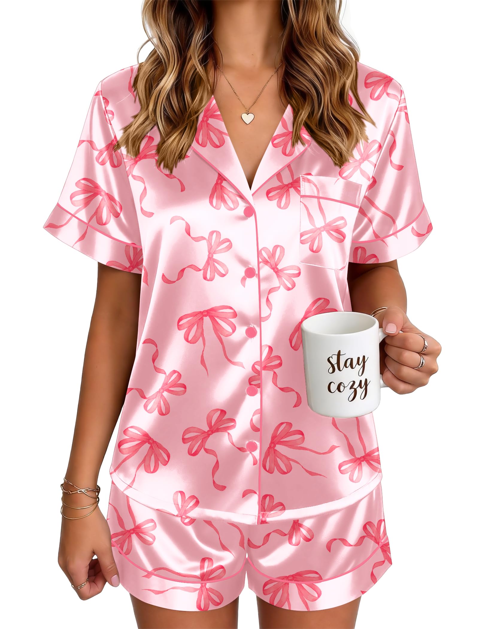 Ekouaer Satin Pajamas for Women Silk Pjs Short Set 2 Piece Button Up Lounge Sets Short Sleeve Sleepwear S-XXL