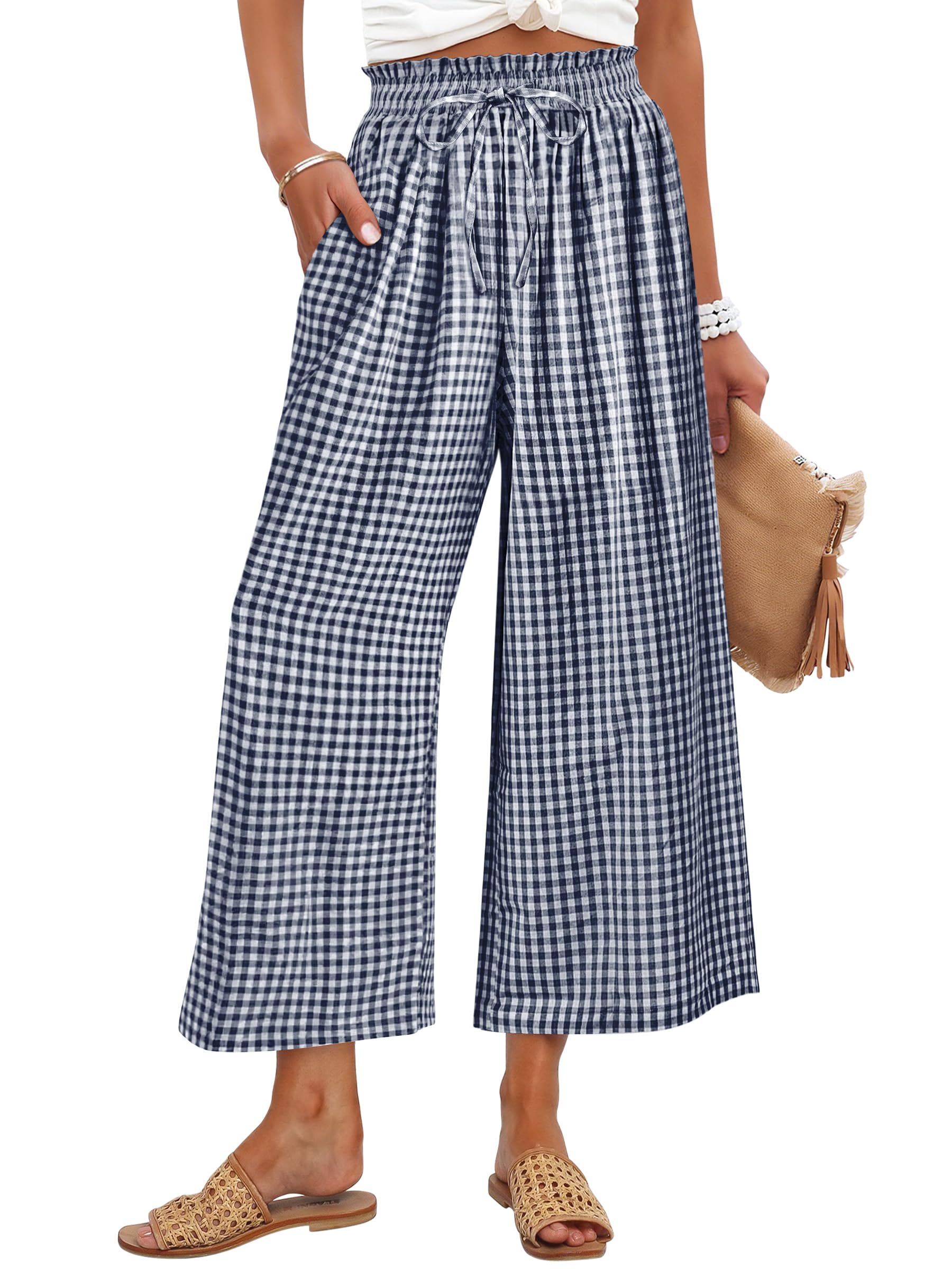 ANRABESS Womens Striped Gingham Palazzo Capri Pants Pajama Wide Leg Lounge Trousers Plaid Cute Crop PJ Bottoms with Pockets