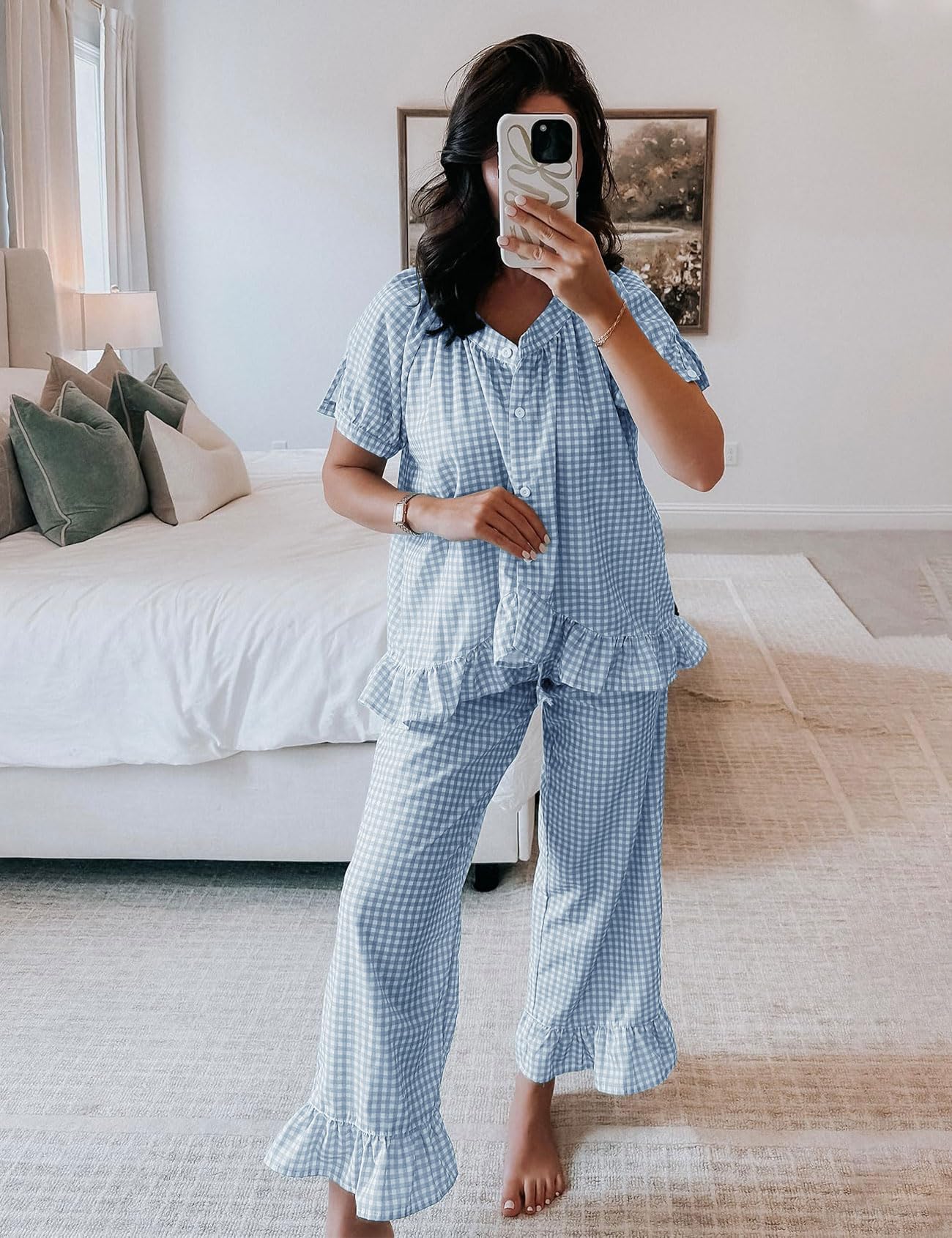 Flygo Womens Plaid 2 Piece Pajamas Sets Gingham Button Down Puff Sleeve Babydoll Shirt Ruffle Pants Y2K Pjs Lounge Set WEBE CLOTHING