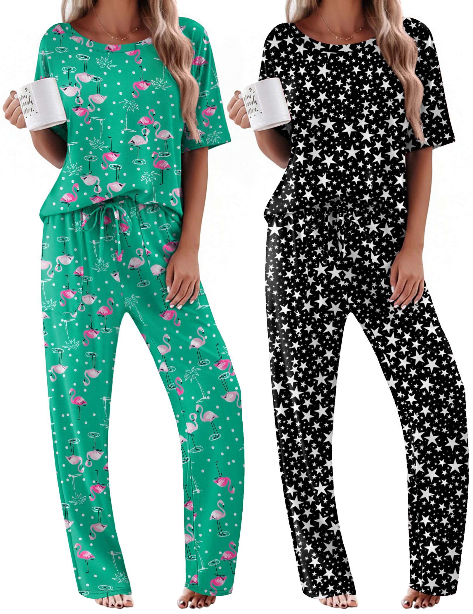 Ekouaer 2 Pack Womens Pajama Sets Short Sleeve Tops and Long Pants Casual Comfy Pjs Lounge Set with Pockets,S-XXL