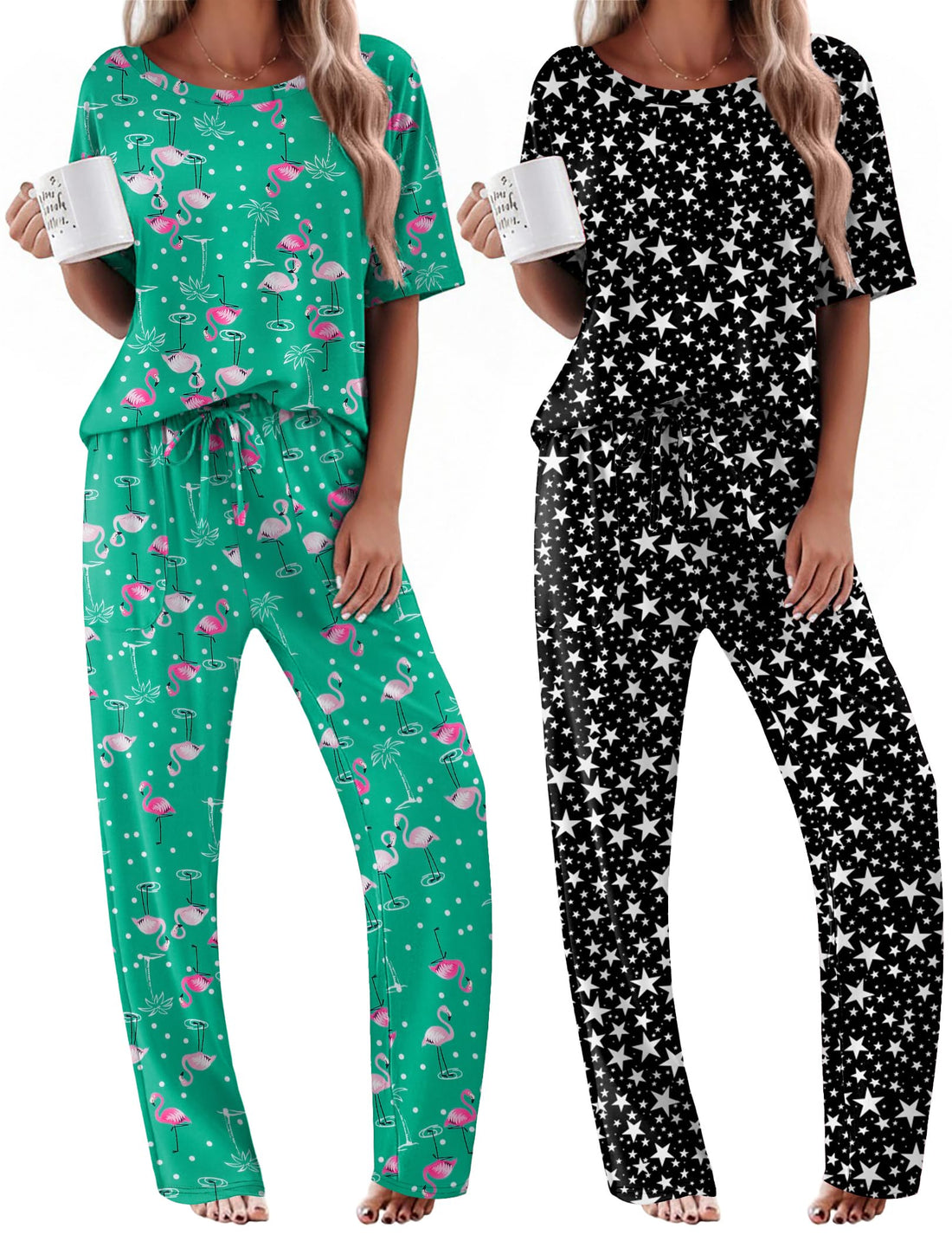 Ekouaer 2 Pack Womens Pajama Sets Short Sleeve Tops and Long Pants Casual Comfy Pjs Lounge Set with Pockets,S-XXL