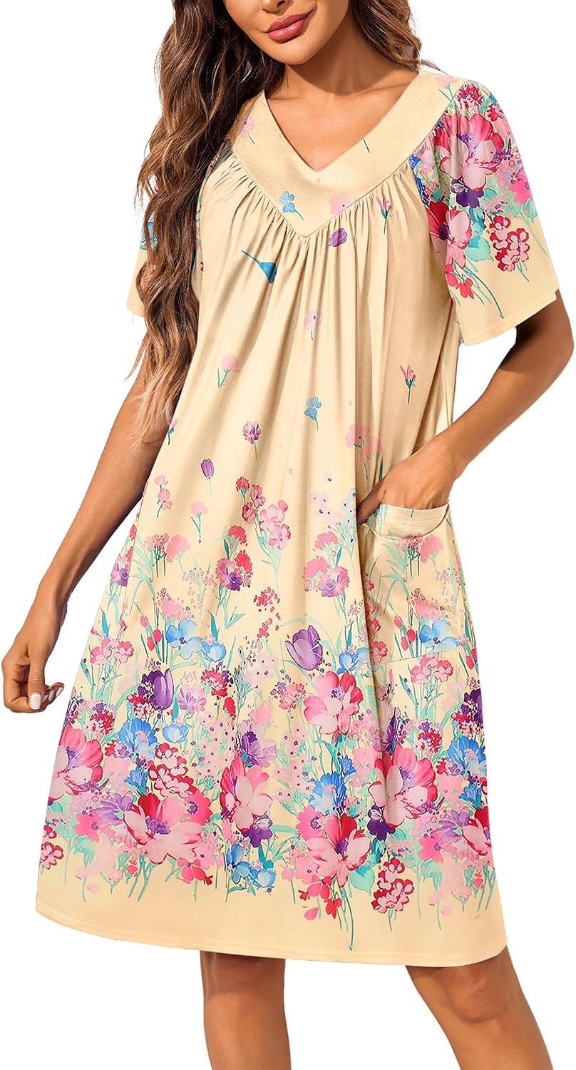 Ekouaer Womens House Dress Floral Print Nightgown with Pockets Mumu Dress | V Neck Nightgowns for Women Pleated Short Sleeves Mumu Dresses Knee Length Moo Moo for Sleep, Daily Wear, Vacation, Party WEBE CLOTHING