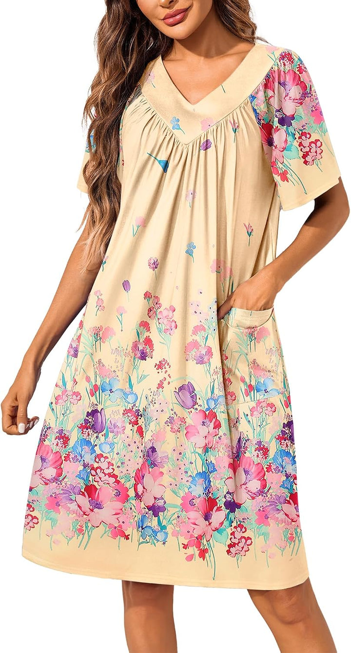 Ekouaer Womens House Dress Floral Print Nightgown with Pockets Mumu Dress | V Neck Nightgowns for Women Pleated Short Sleeves Mumu Dresses Knee Length Moo Moo for Sleep, Daily Wear, Vacation, Party WEBE CLOTHING