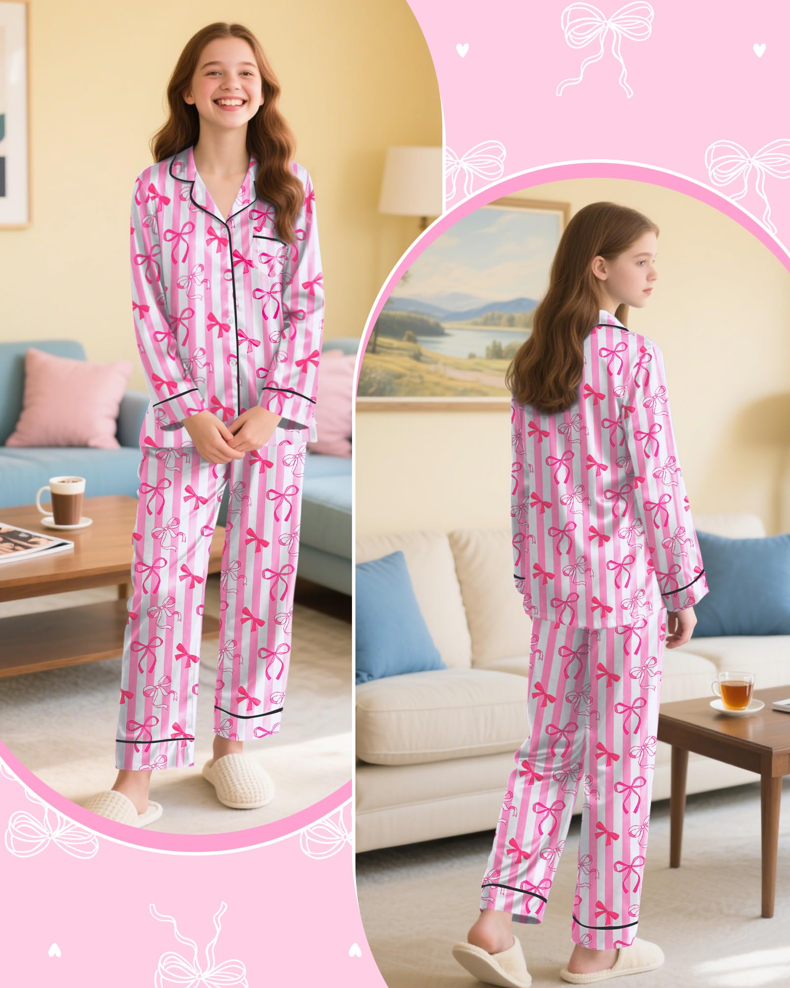 Sylfairy Girls Pajamas Silk PJS Set Satin Sleepwear Long Sleeve Jammies for Kids Button-Down Nightwear Loungewear 3-16 Years
