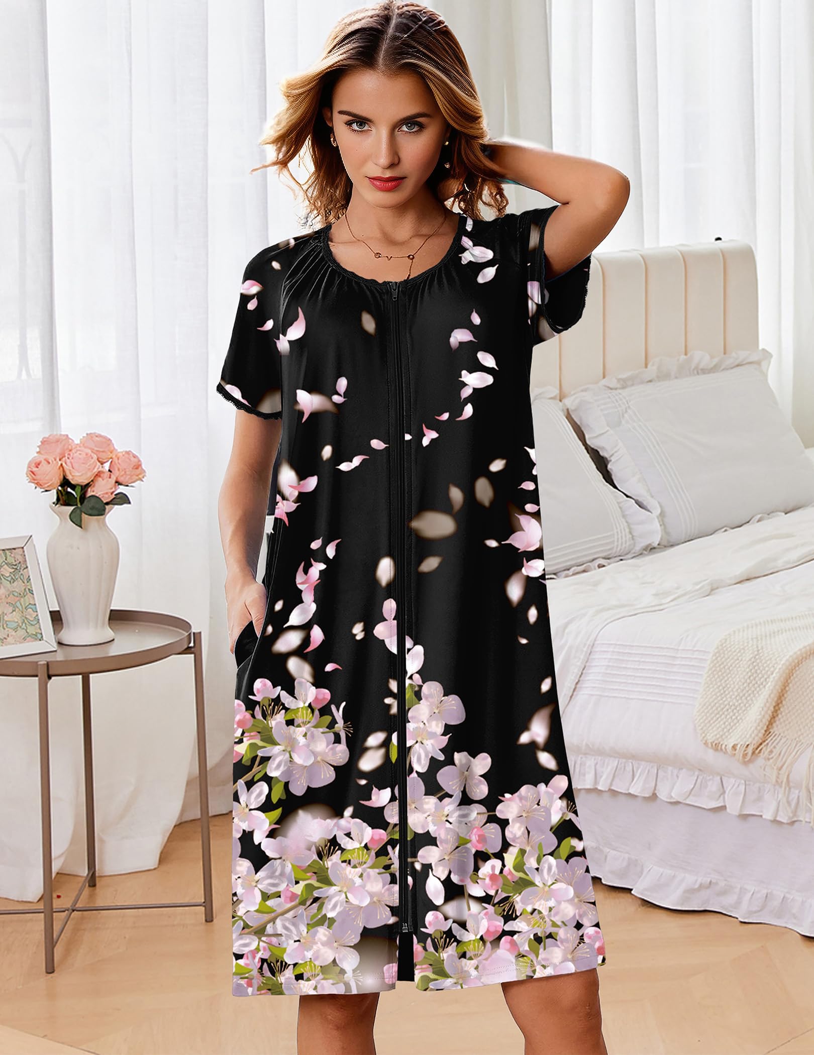 Ekouaer Zipper Robes for Women Short Sleeves Knit Bathrobes Knee Length Soft Lace Trim Loungewear with Pockets S-3XL WEBE CLOTHING